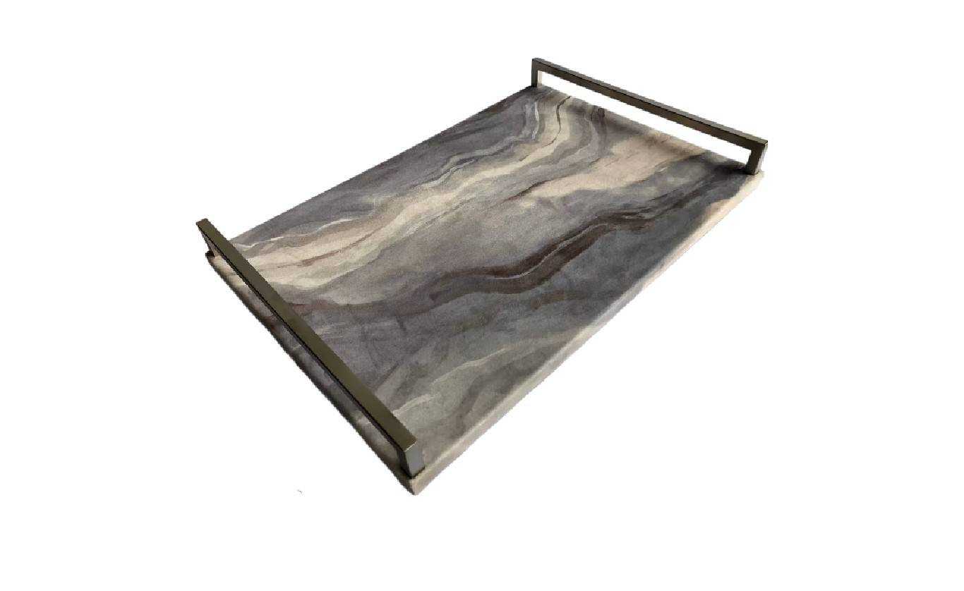 Tray w. Stainless Handle, Velvet Fabric, Gray, L