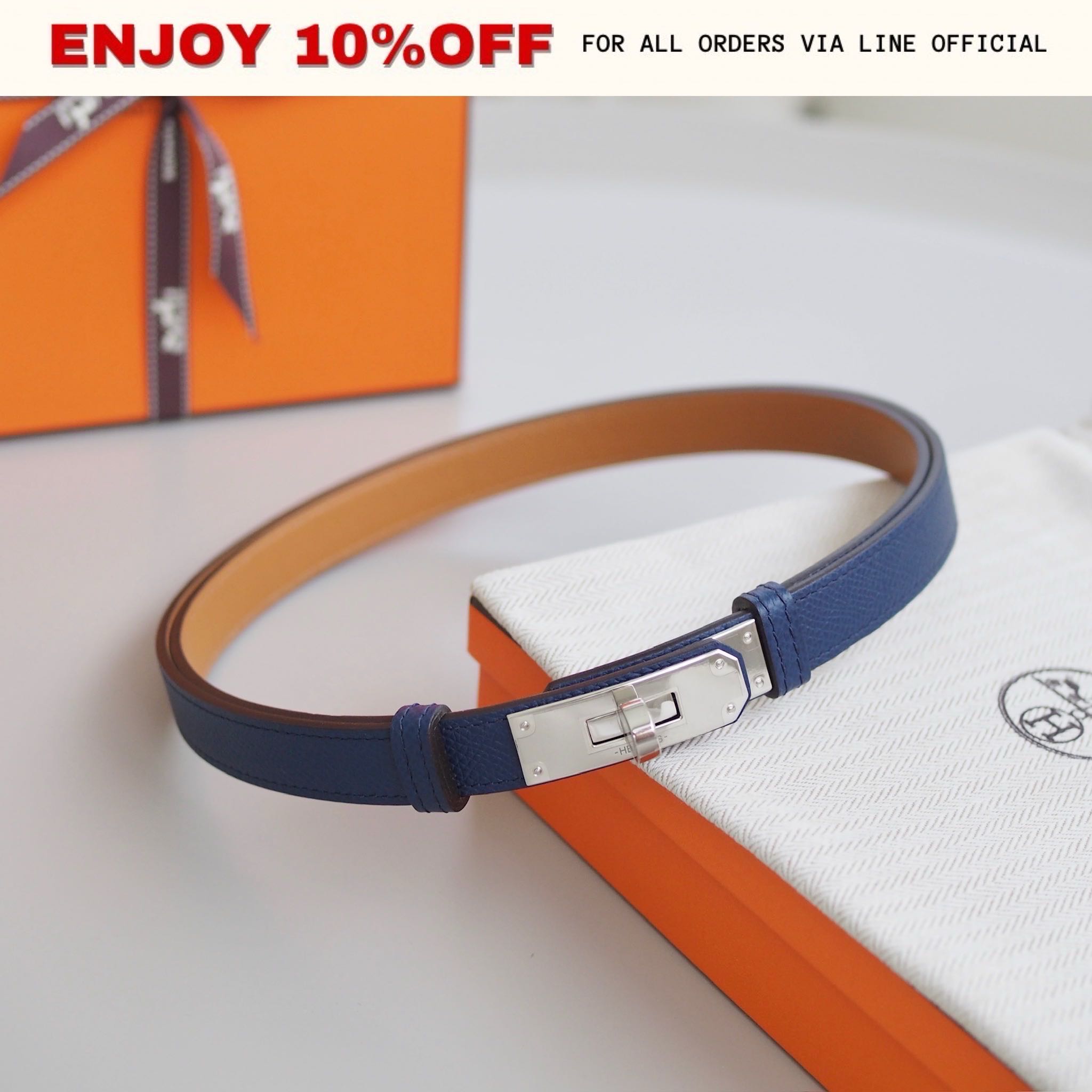 NEW! HERMES Kelly 18 Belt สี Blue Navy  Epsom PHW | ACC