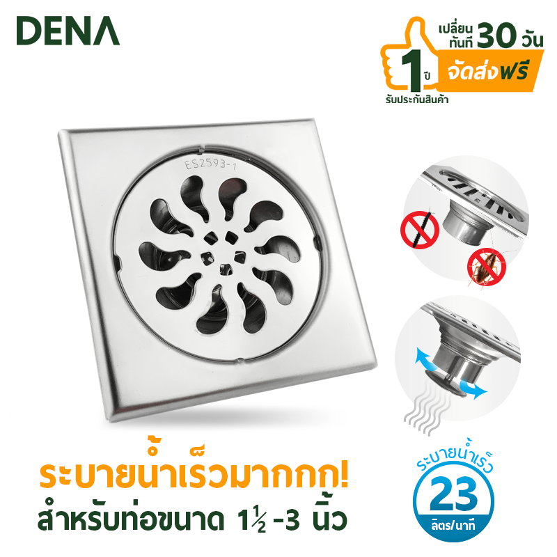 ตะแกรงกันกลิ่นสแตนเลส ทรงเหลี่ยมรุ่นระบายน้ำเร็วสำหรับท่อขนาด1.1/2''-3'' ES-2593-1 ฝาท่อ