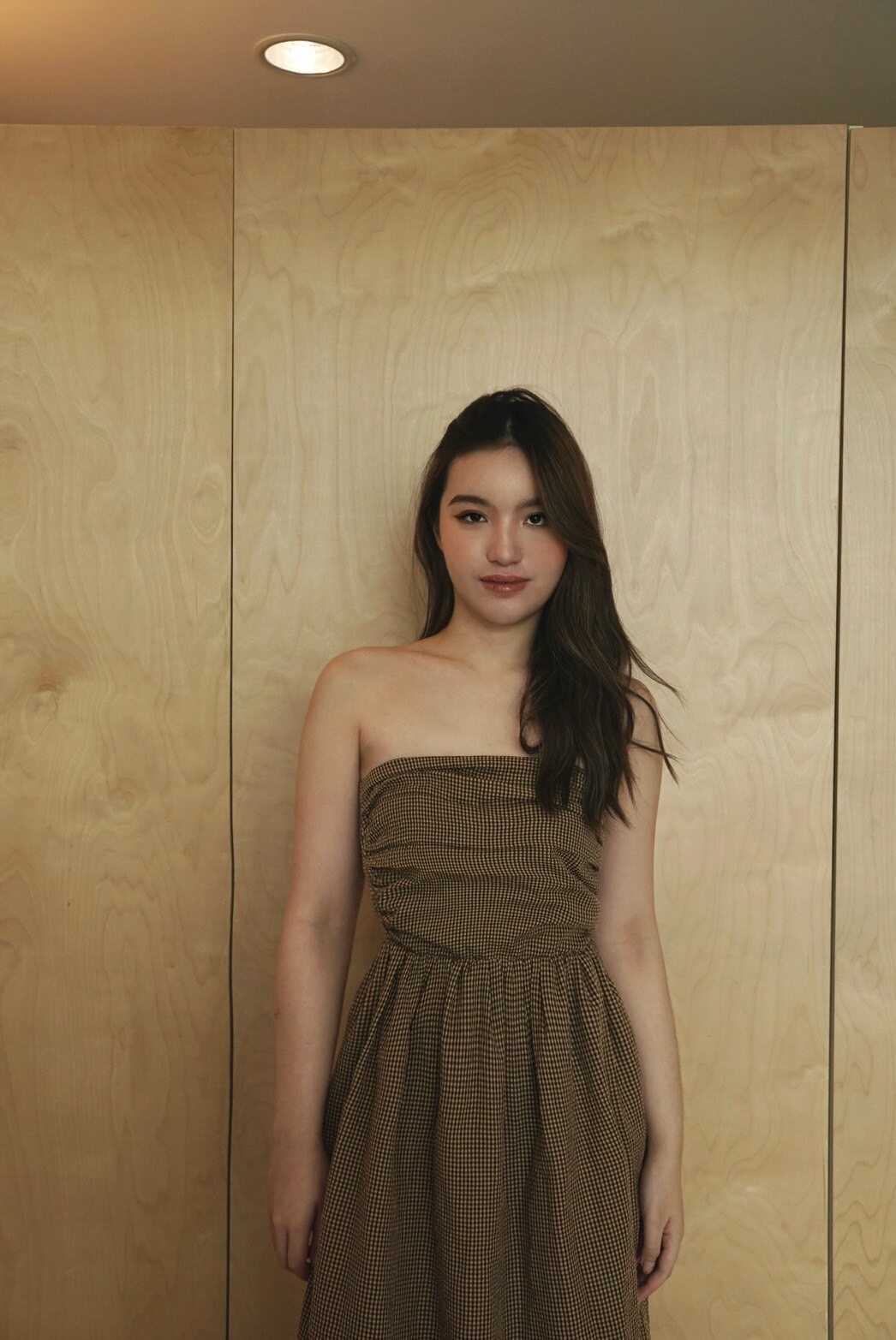Weekend begins -  Brunette strapless dress