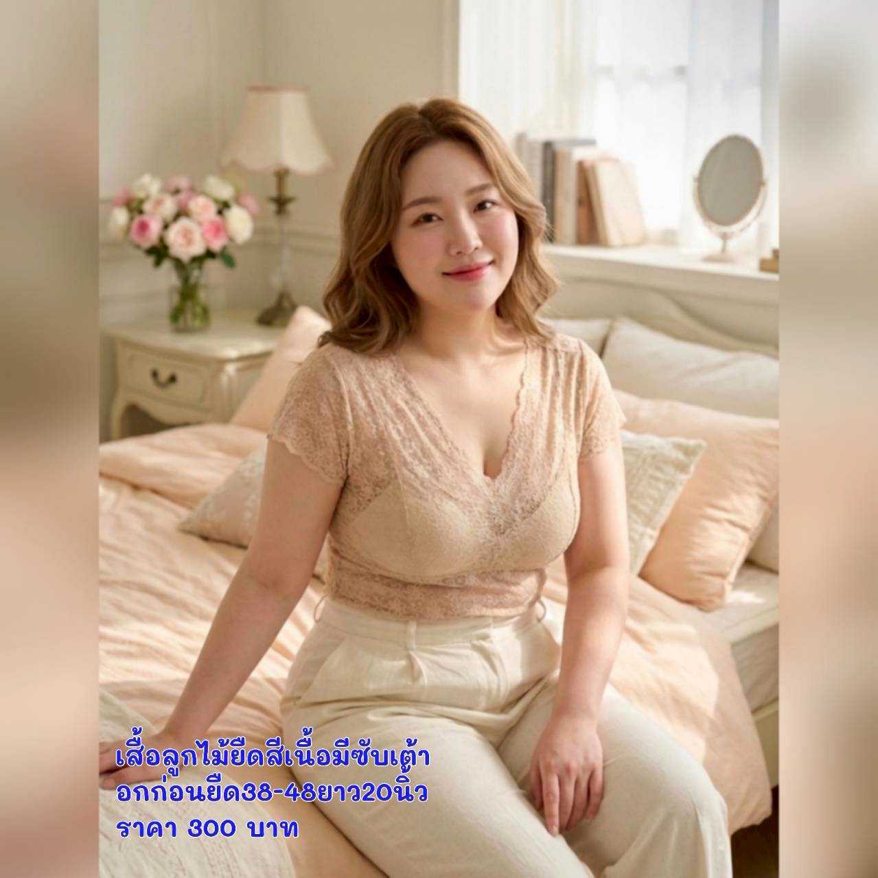 เสื้อลูกไม้ยืดสีเนื้อมีซับเต้า