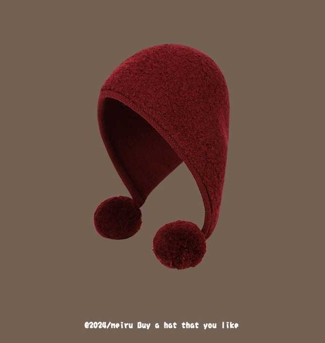 POM POM KNITTED HOODIE HAT / สีแดง