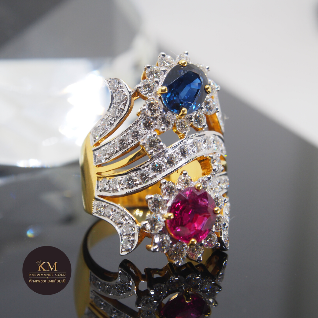 แหวนเพชร Diamond Blue&Red Sapphire Pave Ring (90% Gold)
