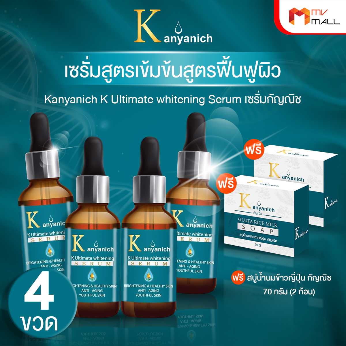กัญนิช เซรั่ม (Kanyanich Serum) เซรั่มเข้มข้น หน้ากระจ่างใส 4 ขวด แถมฟรี สบู่น้ำนมข้าวญี่ปุ่น 2 ก้อน