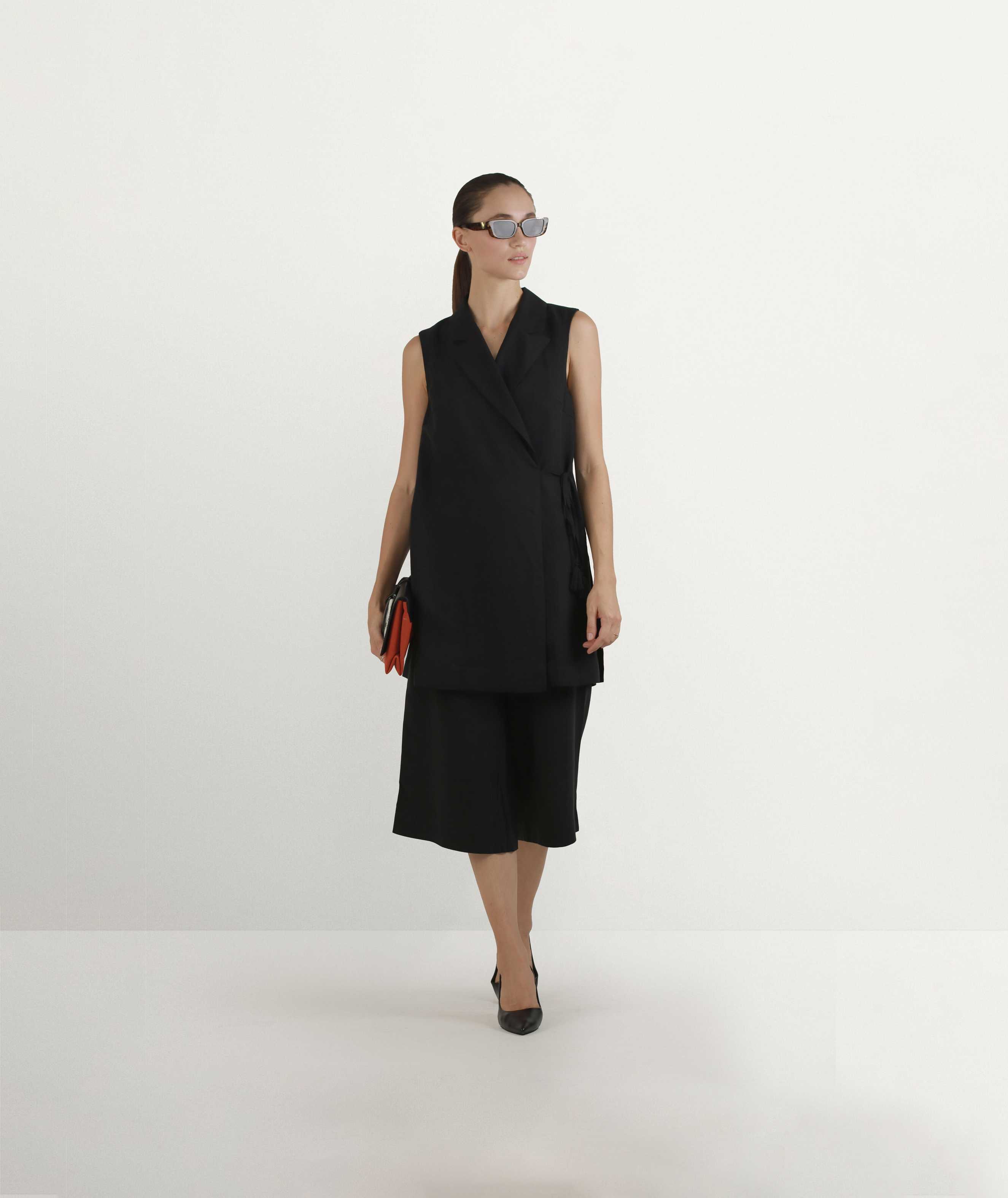 Long Black Side-Tie Notched Sleeveless Vest