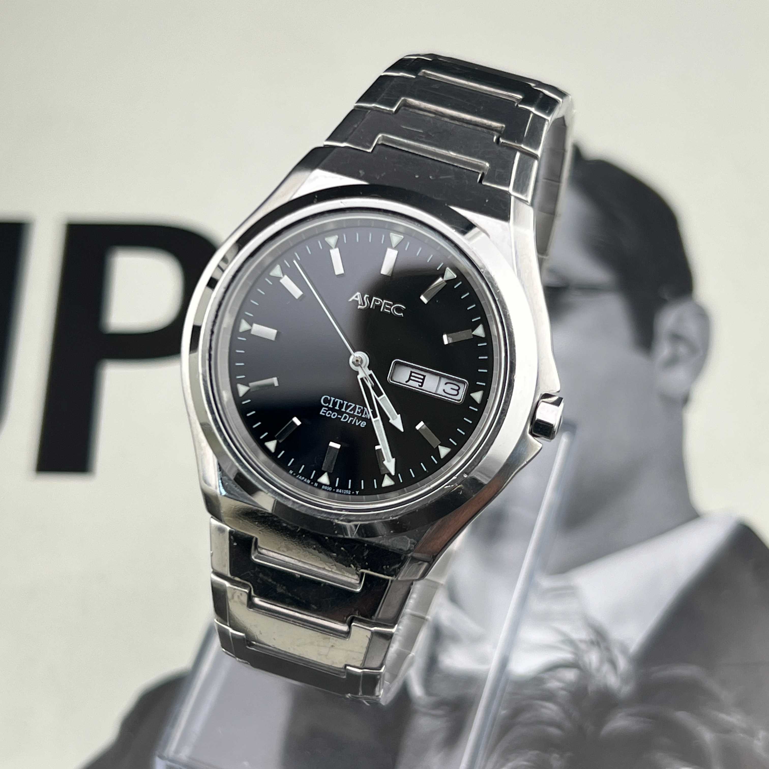 Vintage Citizen Aspec Eco-Drive Black Dial Ref.B800-H23664 Y Days/Date Kanji Japan 1999