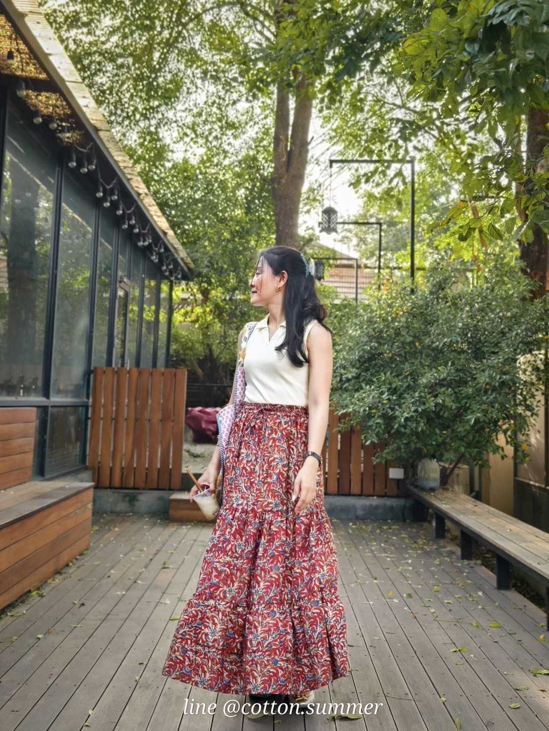 กระโปรง 3 ชั้น (Delhi Skirt) ทรงกรุยกราย ใส่แล้วดูสูง เอว26-42นิ้ว มีเชือกผูกเอว กระเป๋า เลิศ