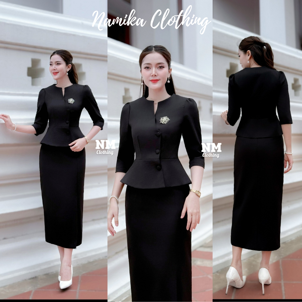 ชุด Set เสื้อแขนสามส่วน + กระโปรงยาว ผ้าไหมยกดอก เรียบร้อย ดูดี ใส่ออกงานพิธี ทางการได้