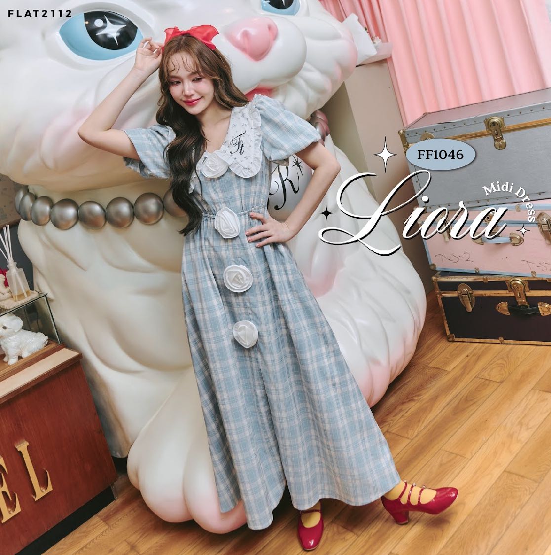 FLAT2112 FF1046 : LIORA MIDI DRESS เดรสยาว เดรสแขนสั้น เดรสลายสก็อต ชุดออกงาน