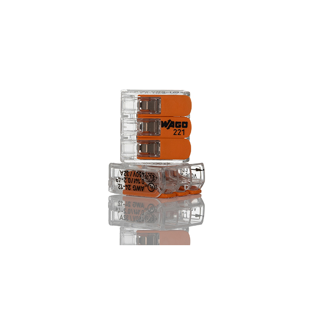 CON-WAGO 221 Series Lever Connector, 3-Way, 32A, 24 to 12 AWG Wire, Cage Clamp Termination