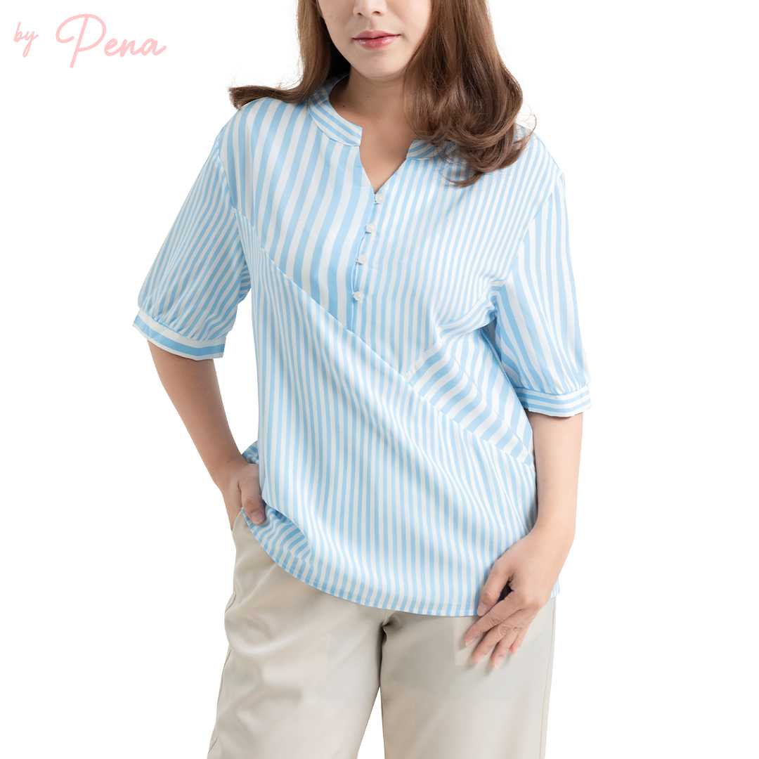 By Pena เสื้อเบลาส์คอปกสกิปเปอร์ ผ้าตัดต่อ แขนสั้น BPSS082403