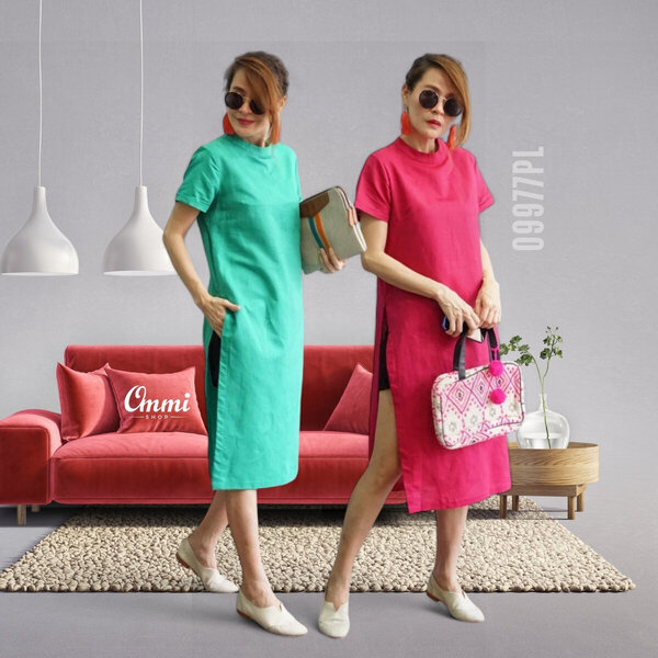 Ommishop 09977PL ชุดเดรสแฟชั่น ผ้าลินิน ดีไซน์สวยเก๋ ผ่าด้านข้าง มีกระเป๋าด้านซ้าย (PUP)[09977]