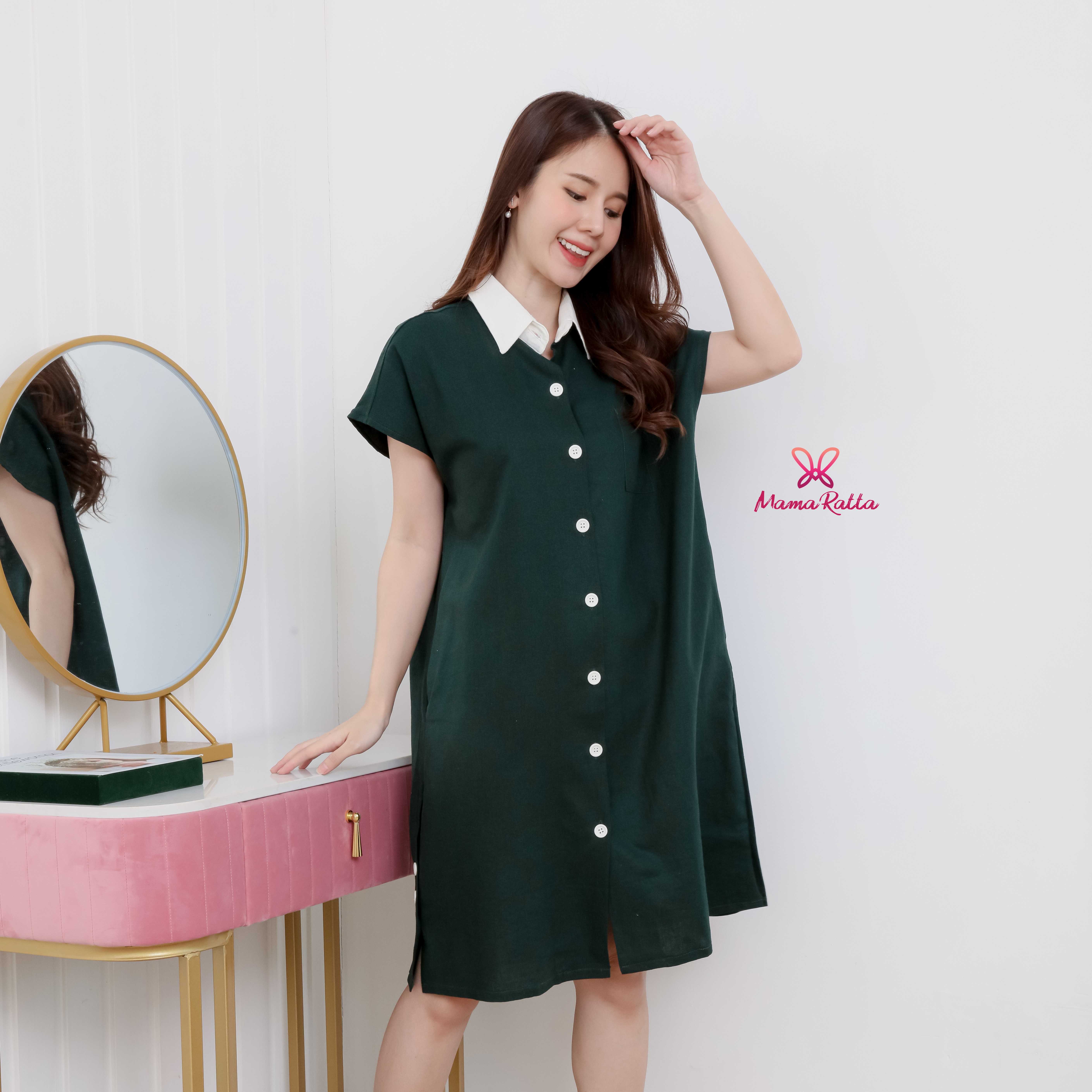 เดรสผ้าลินินสไตล์เรียบเก๋ใส่ง่ายใส่ได้ตลอด ผ้าใส่สบายไม่ร้อน ซับในทั้งชุด - สีเขียวเข้ม