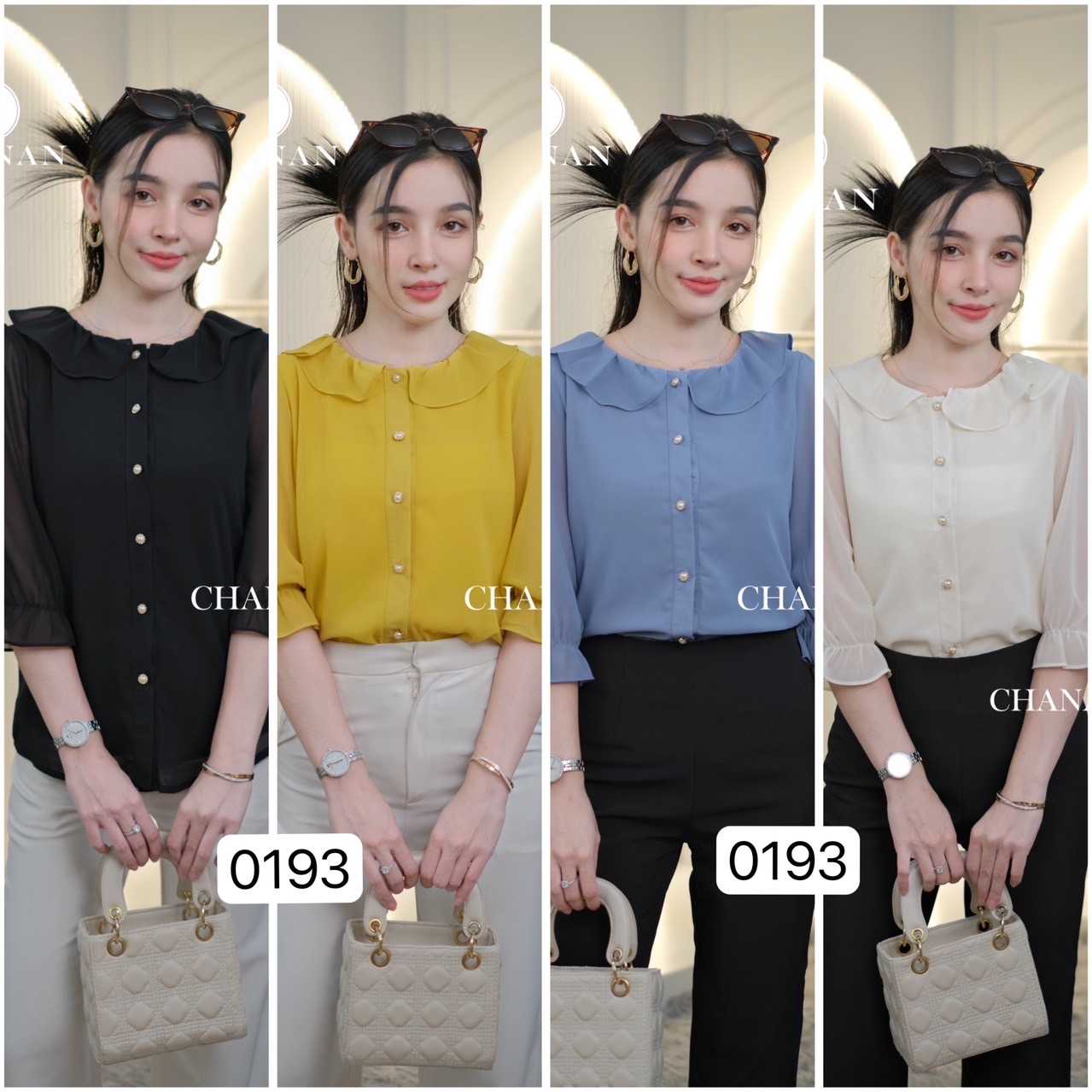 0193 เสื้อผ้าชีฟอง มีซับใน คอแต่งระบายสวยมาก ผ้านิ่ม ใส่สบาย มี4สี