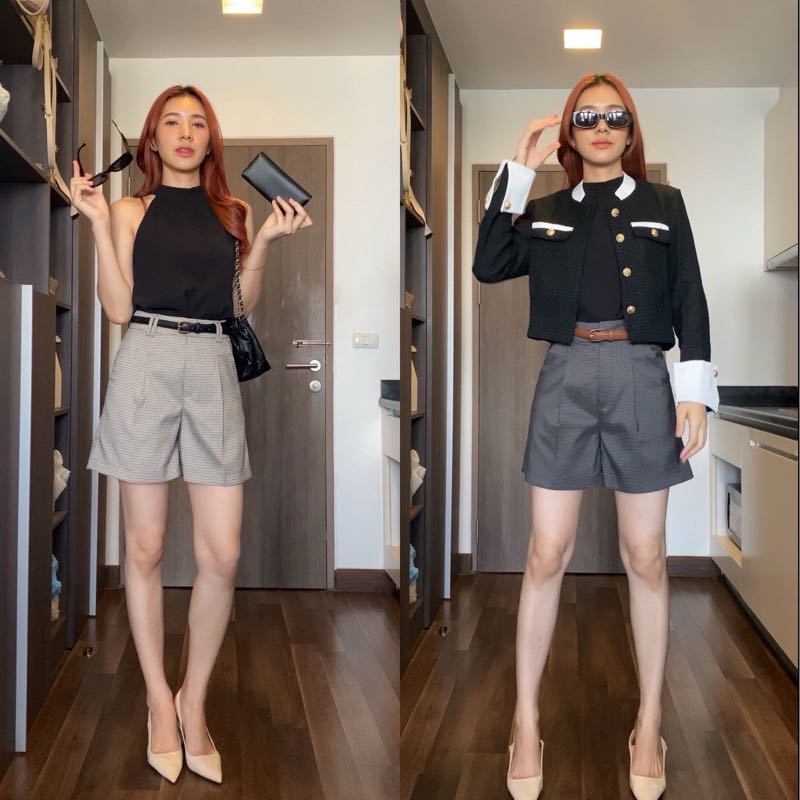 BY27กางเกงขาสั้นตะขอหน้าลายสก็อต