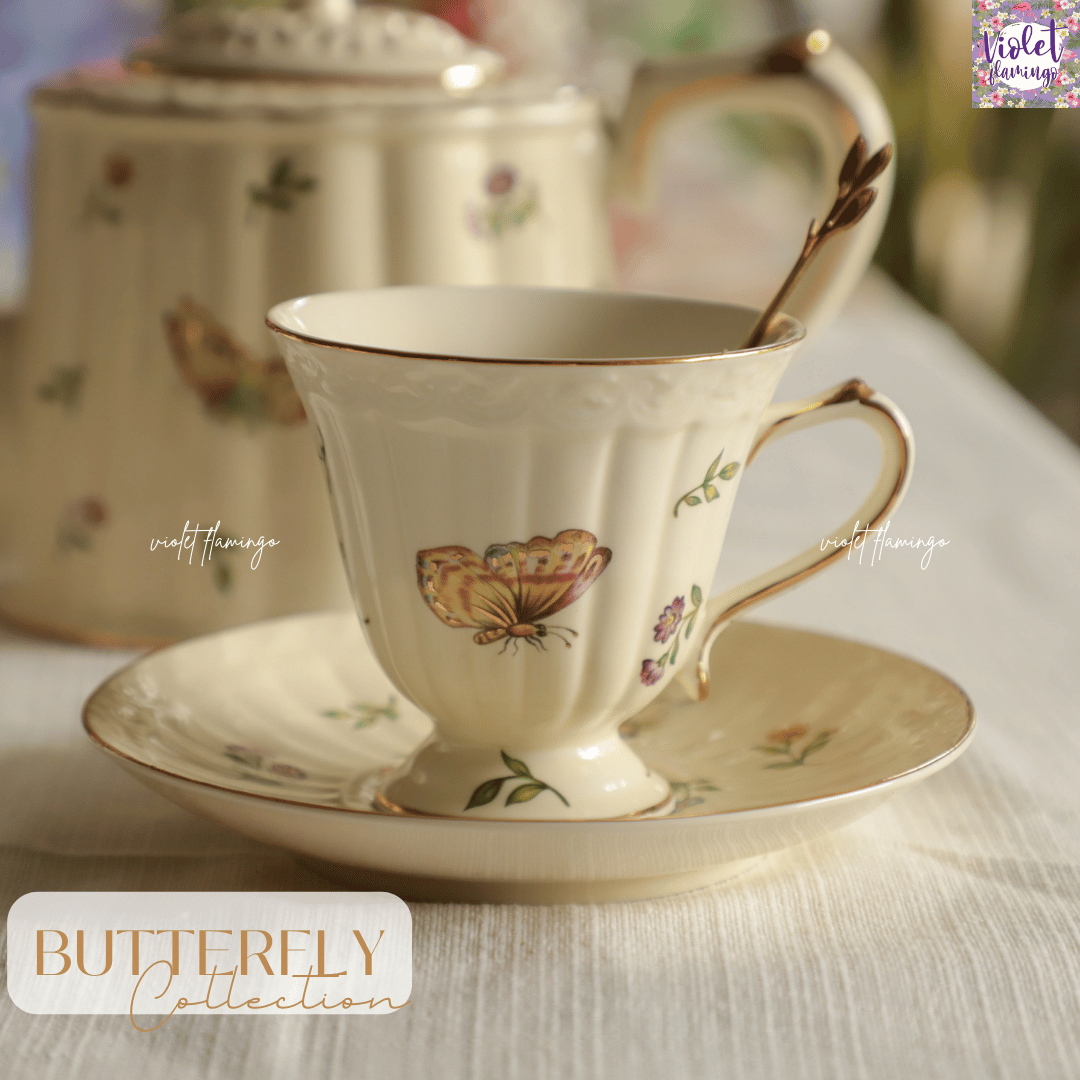 แก้วกาแฟ/แก้วชาพร้อมจานรอง ลายผีเสื้อขอบทอง  Butterfly Tea Cup and Saucer