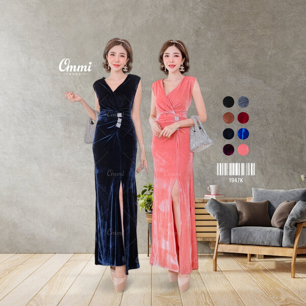 Ommishop ชุดราตรี 1947K จับจีบช่วงอกและเอว แต่งอะไหล่เพชร กำมะหยี่ เดรสออกงาน ชุดงานแต่ง เพื่อนเจ...