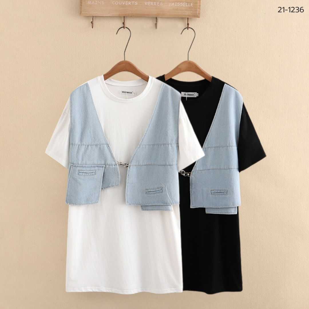21-1236 เสื้อยืดแบบยาวแต่งเสื้อกั๊กยีนส์