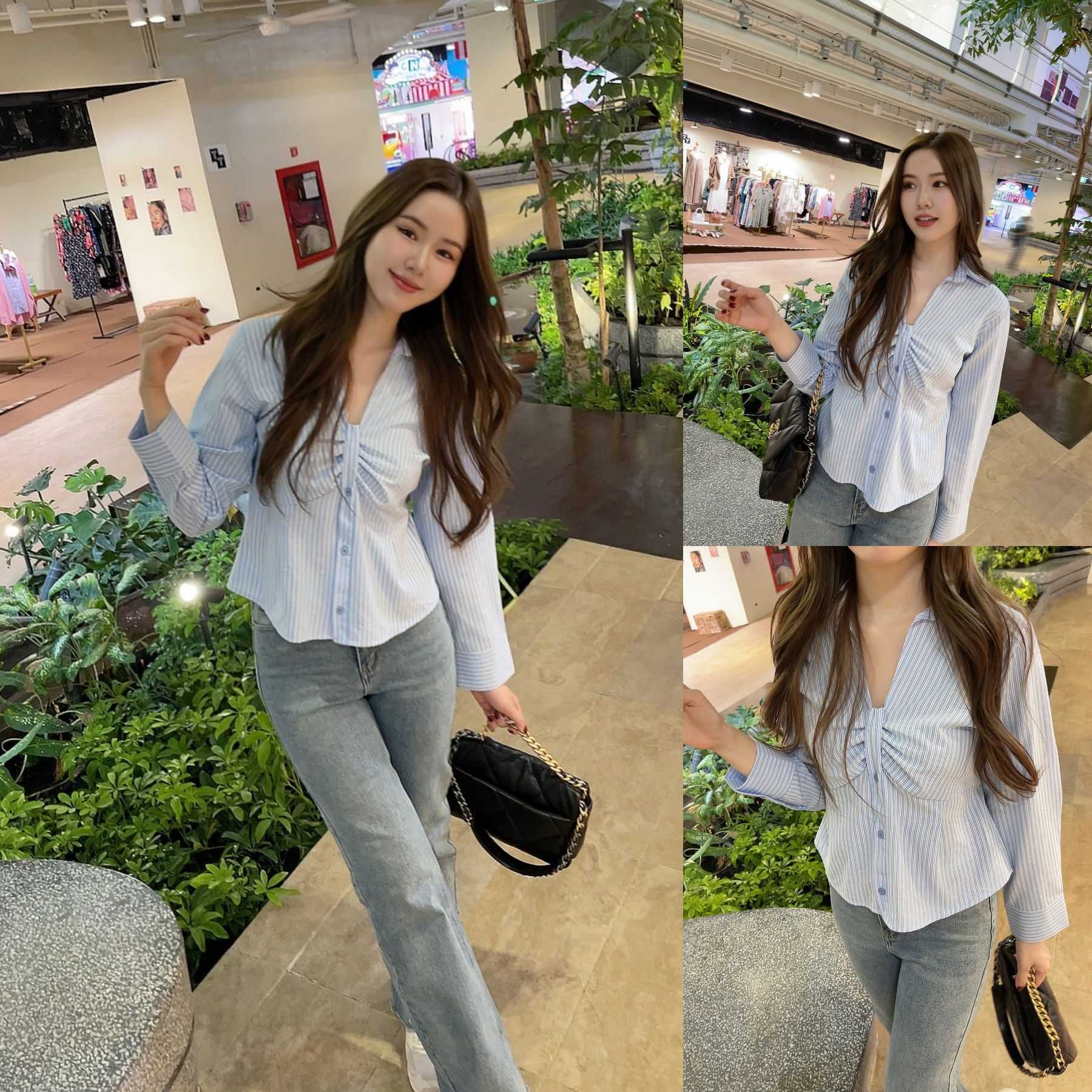 SLYQ PATRICIA TWISTED STRIPE SHIRT เสื้อเชิ้ตลายทางสีฟ้าหม่นดีไซน์จีบหน้า