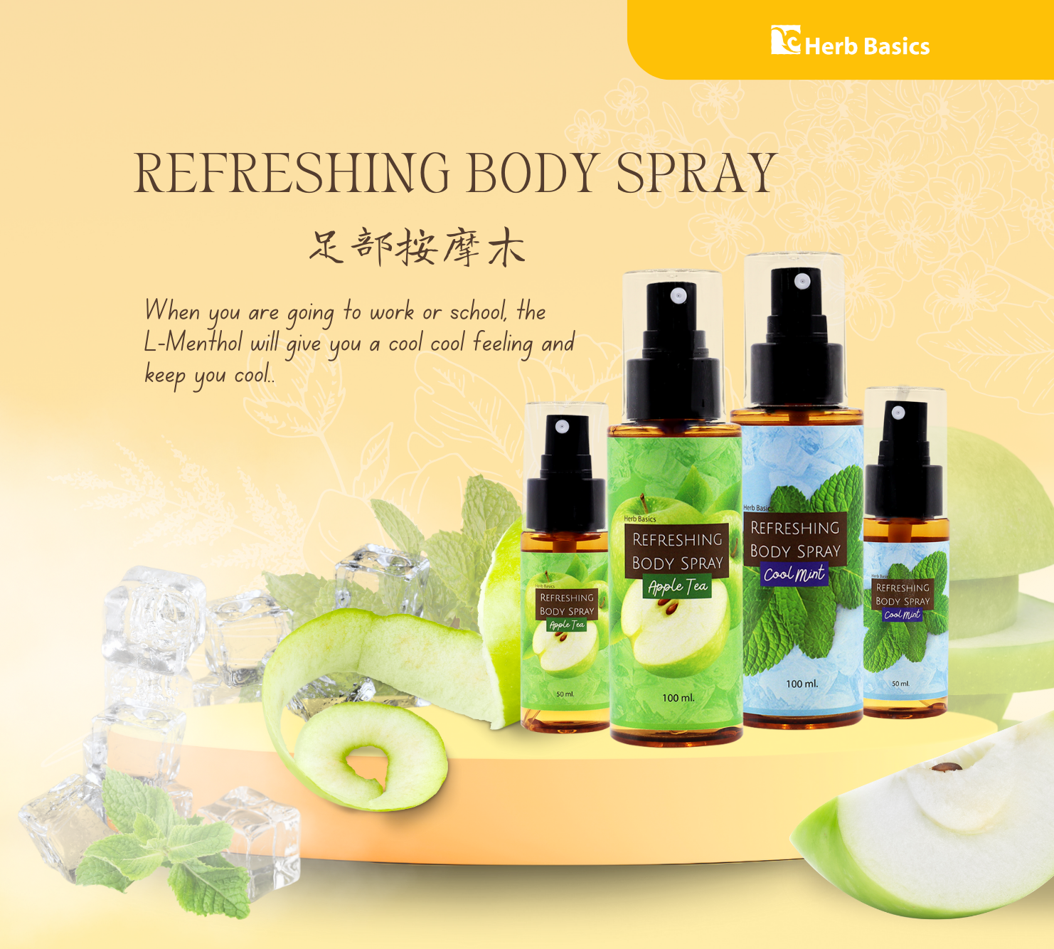 HERB BASICS REFRESHING BODY SPRAY สเปรย์เย็นสำหรับฉีดร่างกาย 2 สูตร APPLE TEA และ COOL MINT