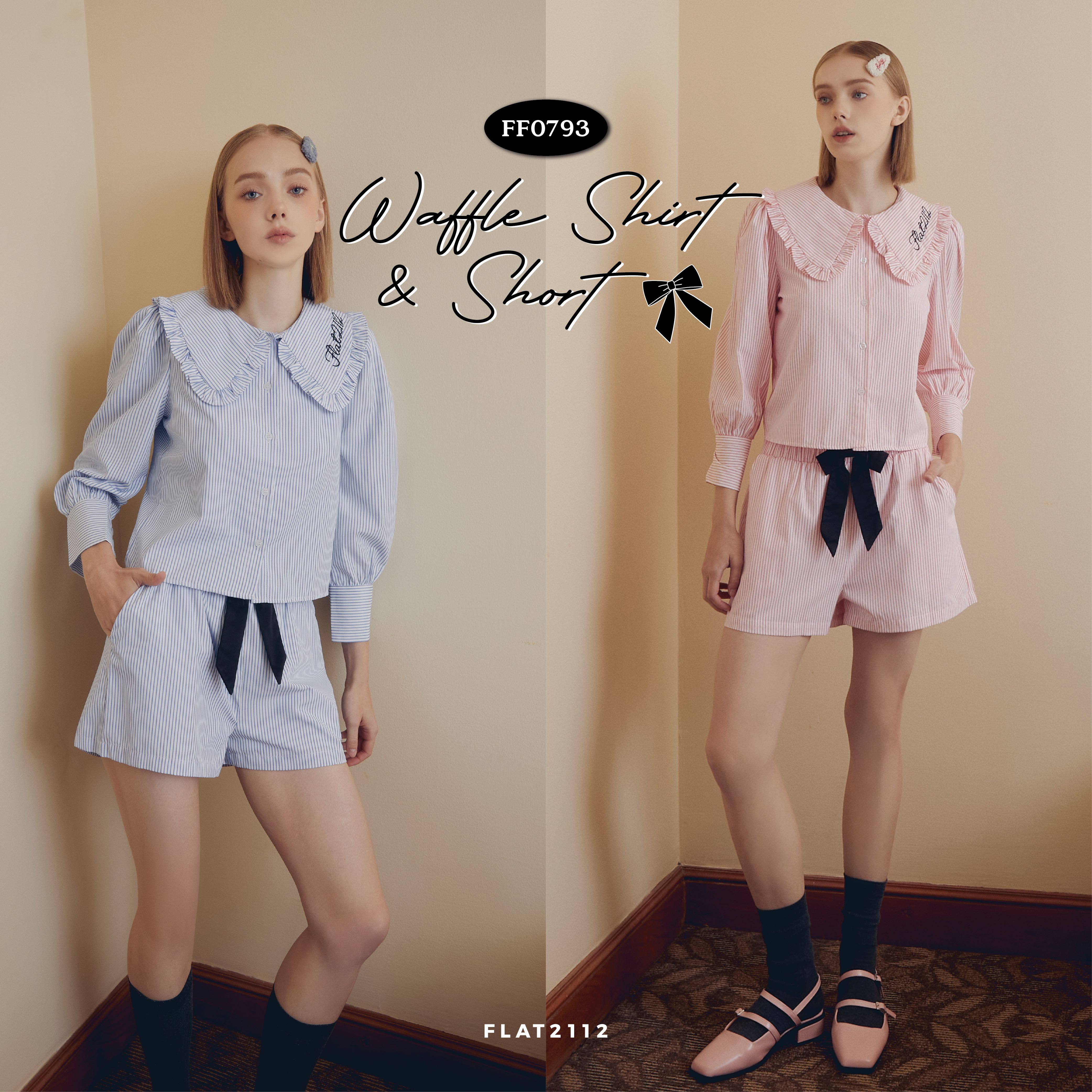 FLAT2112 FF0793 : WAFFLE SHIRT & SHORT ชุดเซตเสื้อแขนยาว กางเกงสั้น ปักโบว์ที่กางเกง