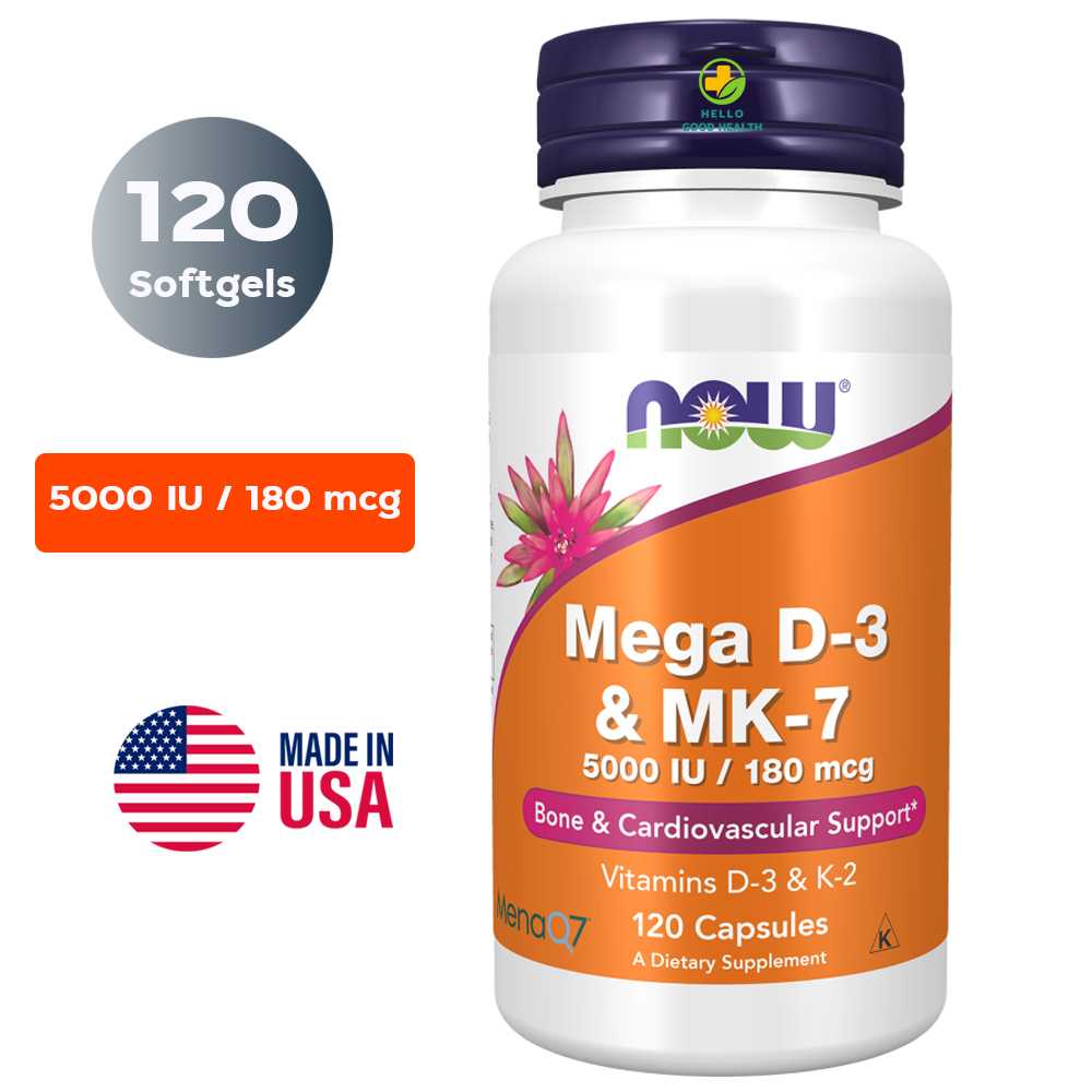 NOW Foods, Vitamin Mega D-3 & MK-7, 180 mcg (5,000 IU) 120 Veg Capsules