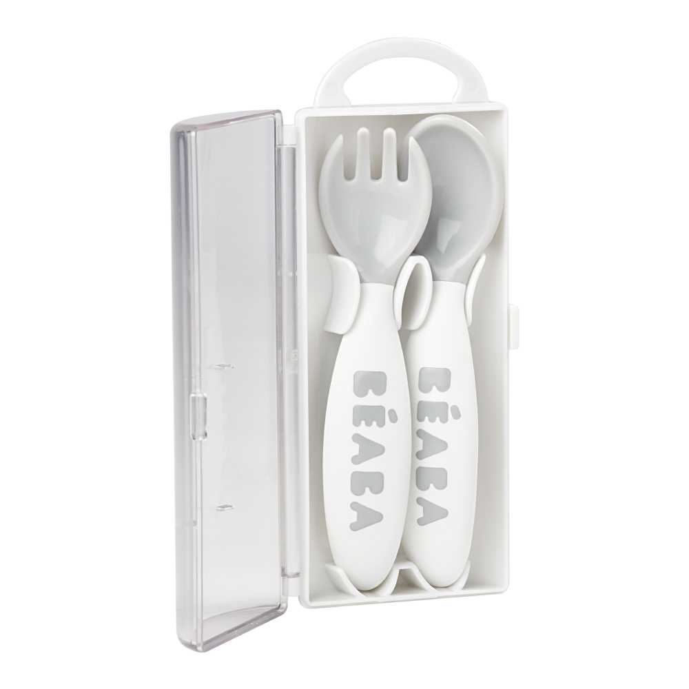 BEABA ช้อนส้อมพร้อมกล่อง 2nd age training fork and spoon (storage case included) - GREY