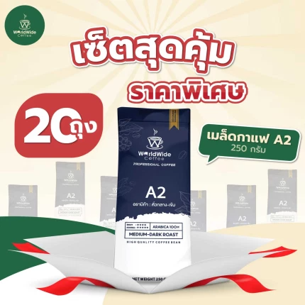 เมล็ดกาแฟอราบิก้า100% โปรไฟล์ A2 คั่วกลาง-เข้ม 5Kg. ( 20 ถุง )