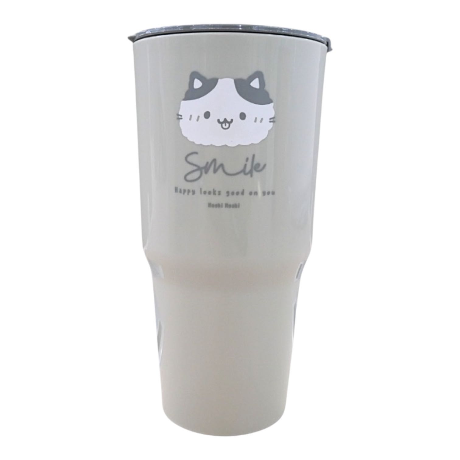 แก้วน้ำพลาสติก สีเทา ลายน้องแมว มีฝาปิด ขนาด 750 ml.