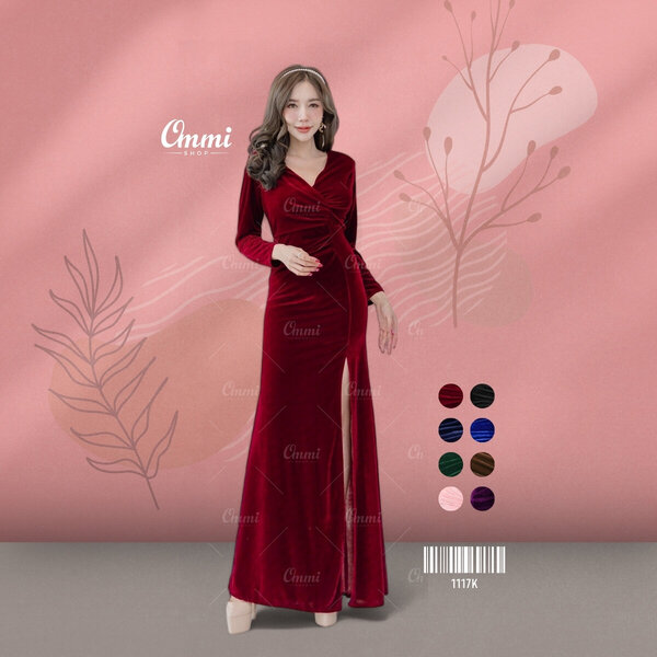 Ommishop ชุดราตรี 1117K แขนยาว คอวีลึกตรง กำมะหยี่ เดรสออกงาน ชุดงานแต่ง เพื่อนเจ้าสาว