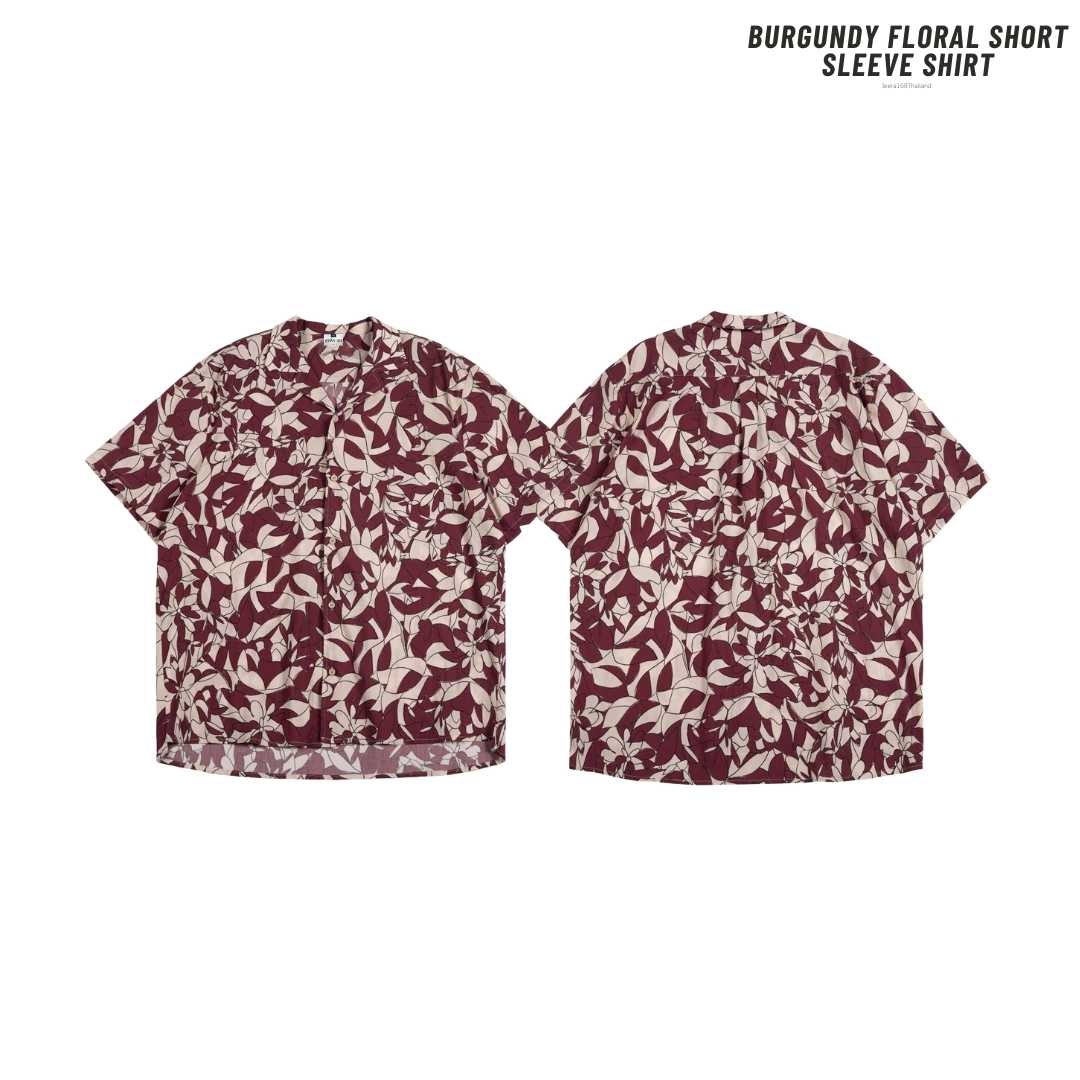 Jeera168 | Burgundy Floral Short Sleeve Shirt (พรีออเดอร์)