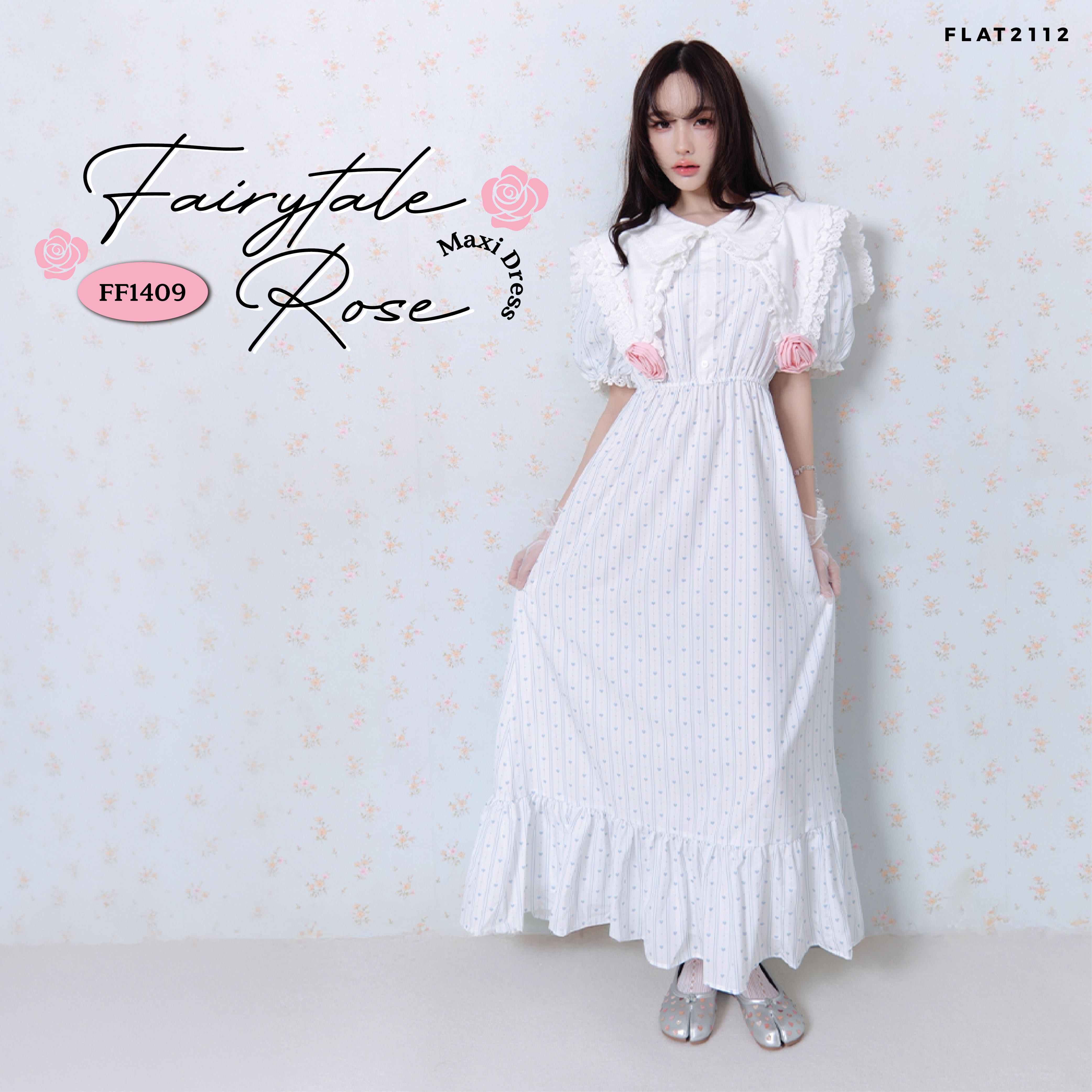 FLAT2112 : FAIRYTALE ROSE MAXI DRESS เดรสยาวลูกคุณหนู ออกงานผู้ดีอังกฤษ แต่งดอกกุหลาบ (FF1409)