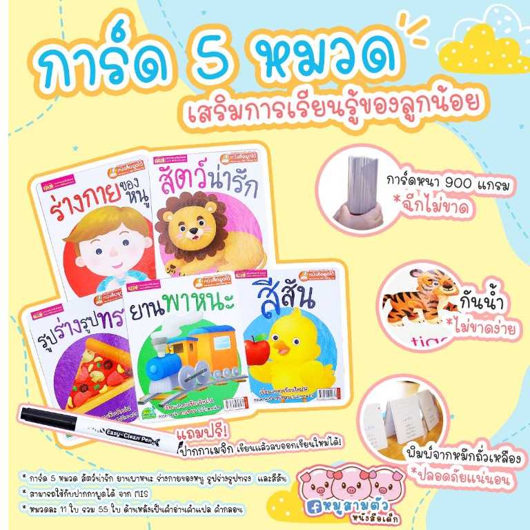 การ์ด 5 หมวด - แฟลชการ์ด Flashcards  ได้ครบจำนวน 5 หมวด รวม 55 ใบ จากหมูสามตัวหนังสือเด็ก