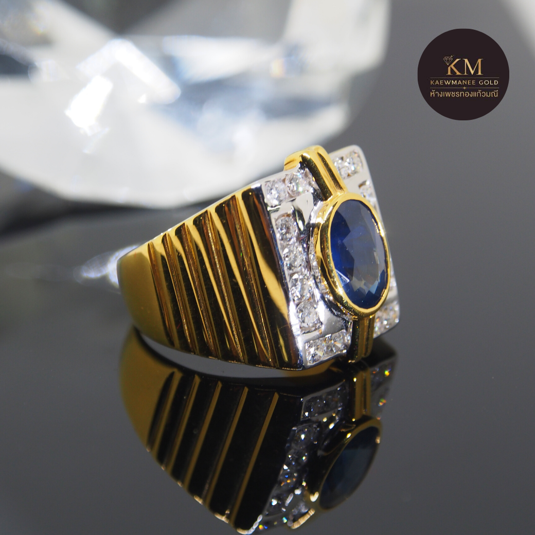 แหวนเพชร Diamond Round Blue Sapphire Men Collection Ring (90% Gold)