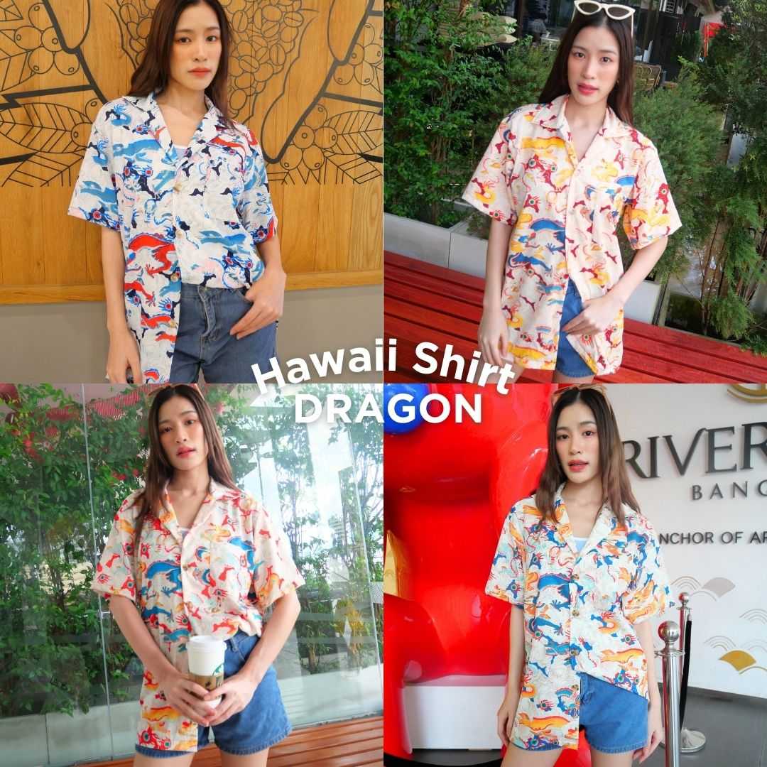 Hawaii shirt dragon เสื้อเชิ้ตปกฮาวายลายมังกร ใส่ได้ทั้งชายเเละหญิง