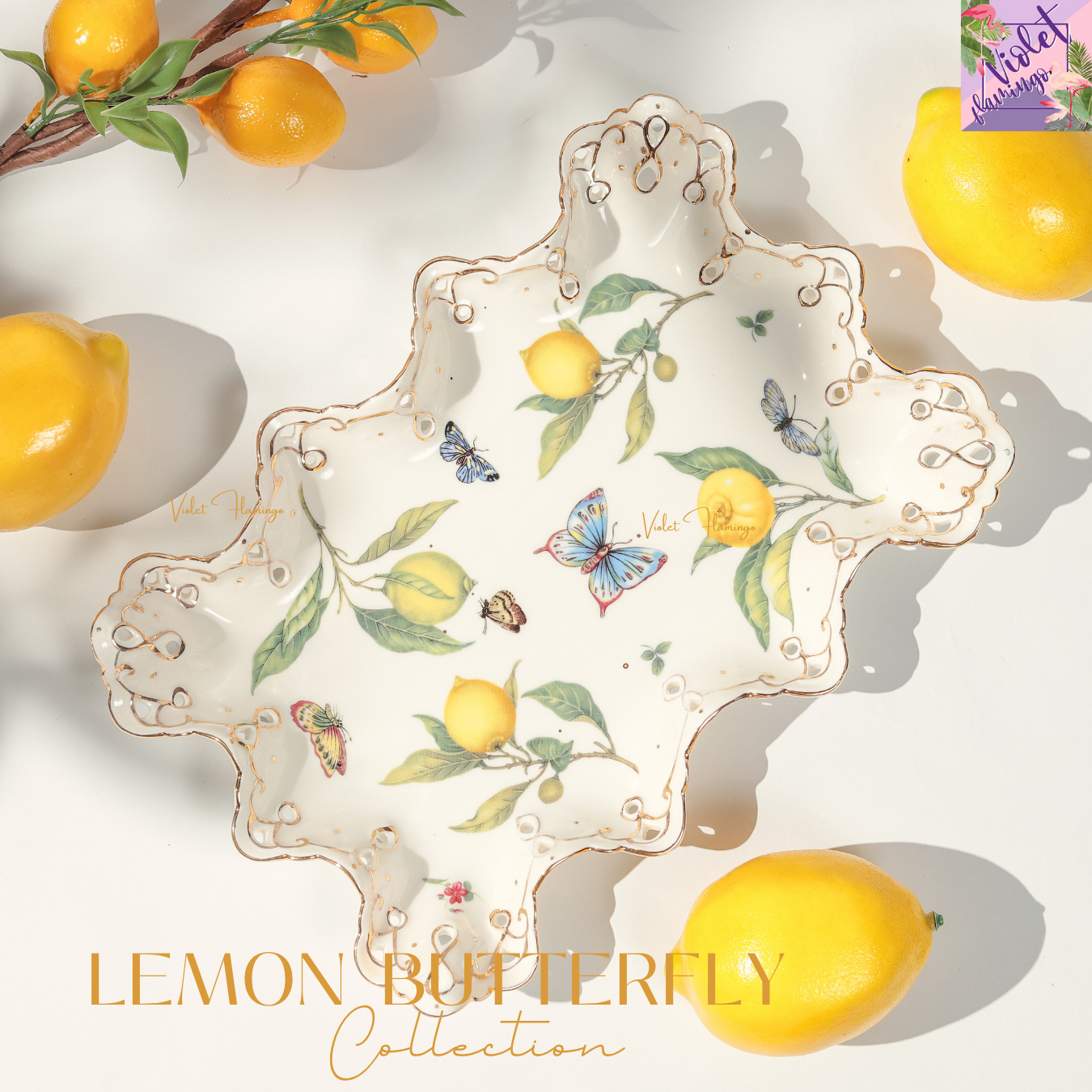 Lemon Butterfly Elegance Collection - ชามขอบหยักทรงสีเหลี่ยมผืนผ้า ขนาด 12 นิ้ว