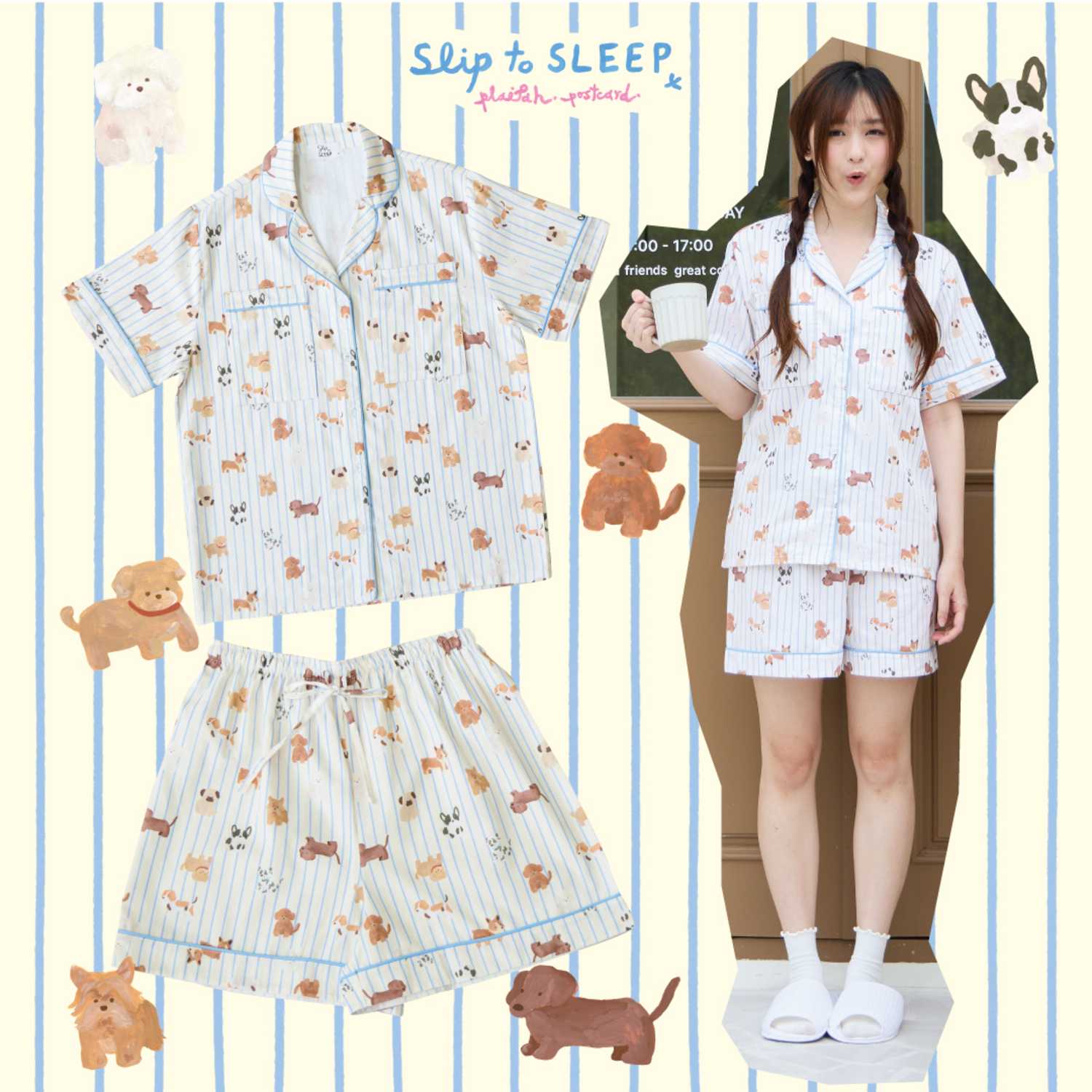 SliptoSleep ชุดนอนโนบรา - Cream Pup Shorts set