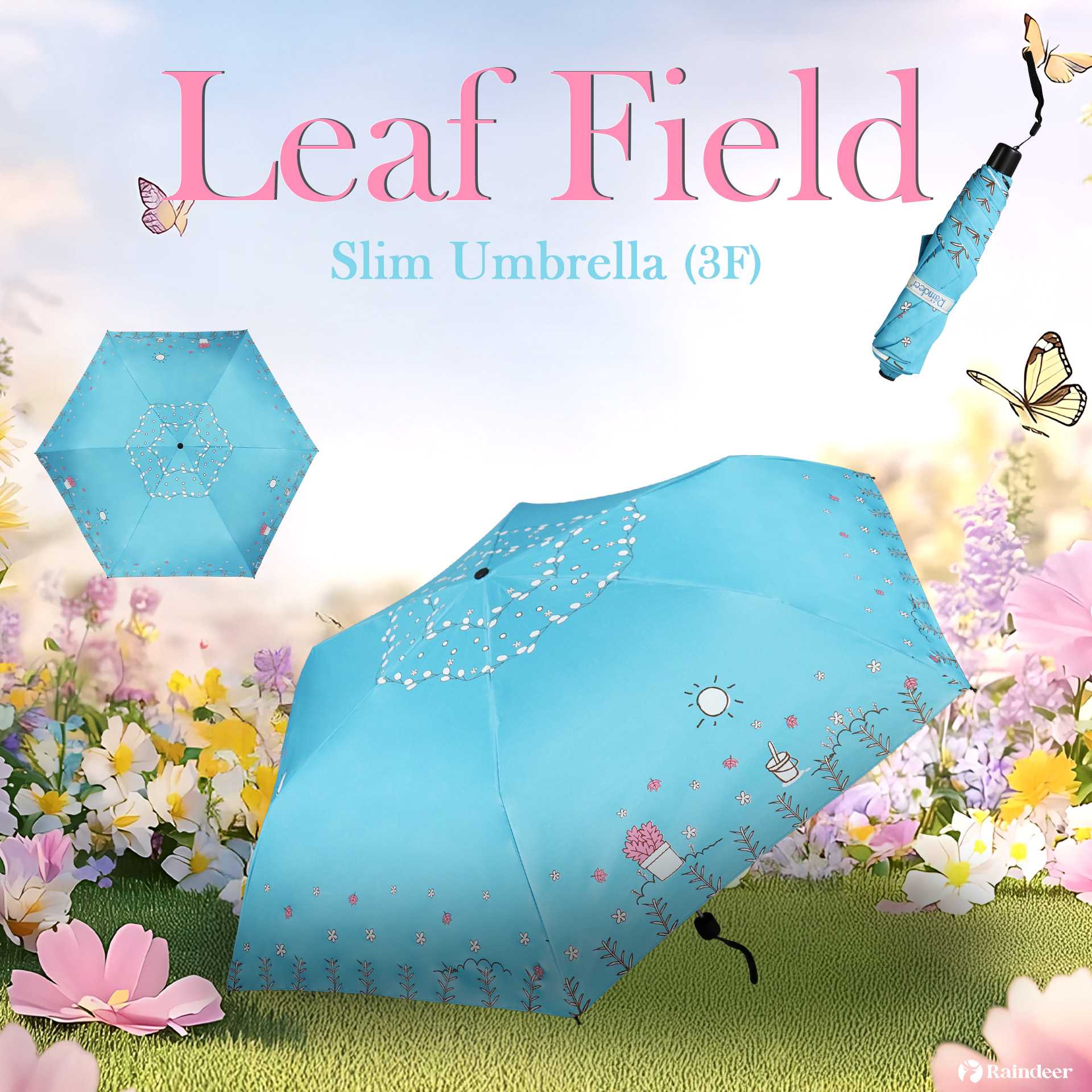 Raindeer ร่มพับ 3 ตอนปากกา กันUV ลาย Leaf Field กันUV พกพาสะดวก