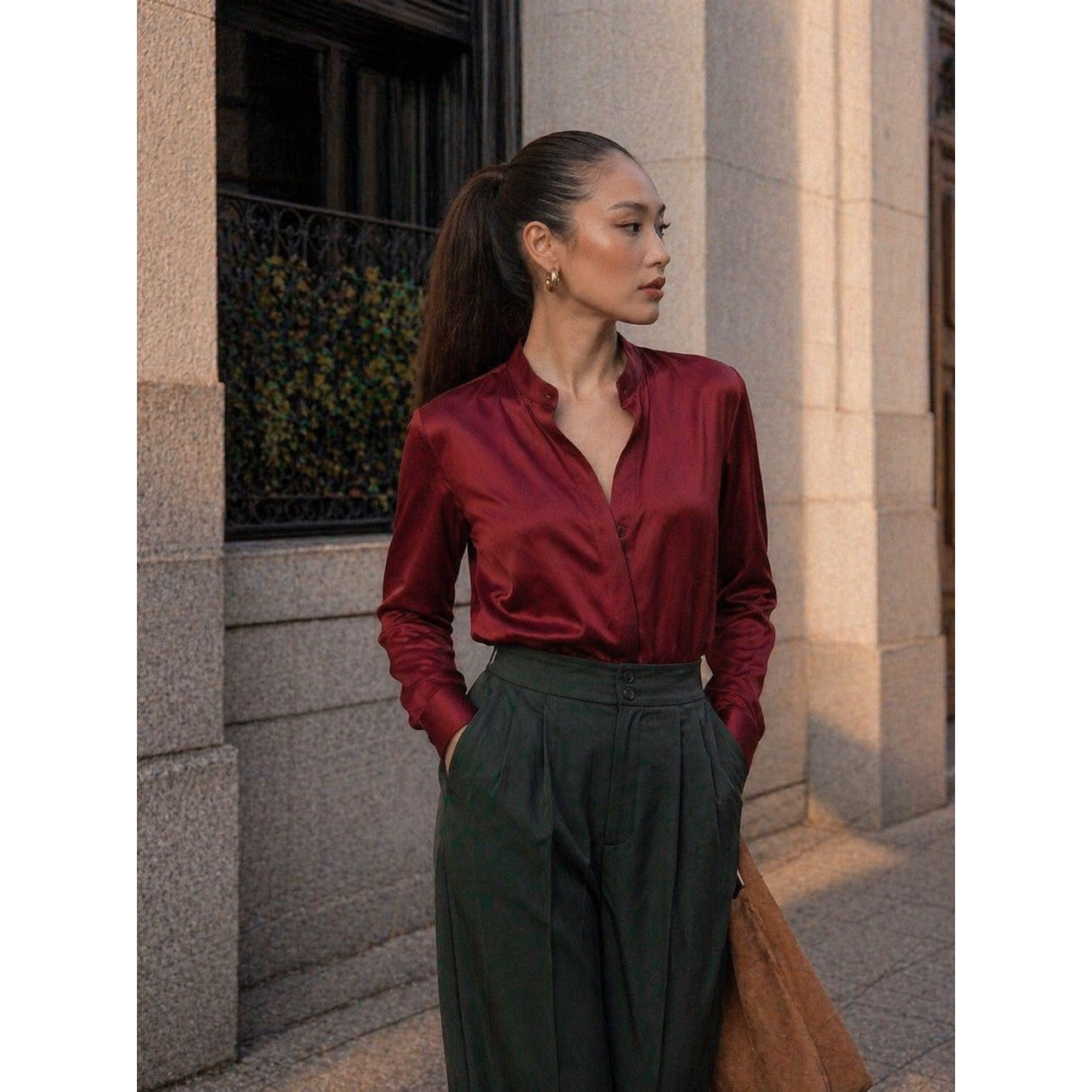 (2 ชิ้น) Satin Mandarin Shirt + Green Strap Pants