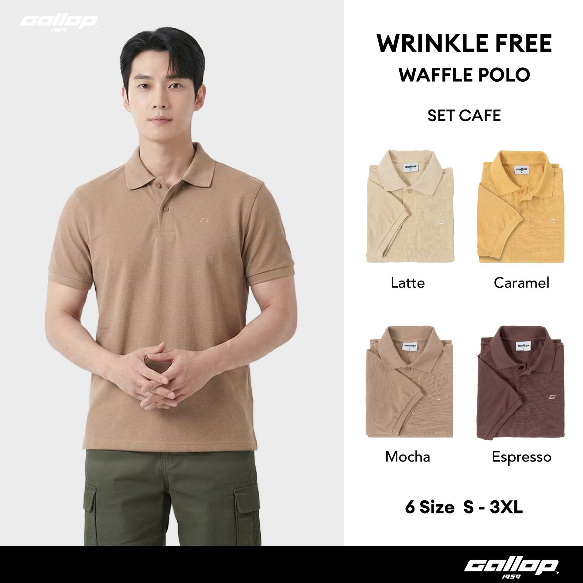 GALLOP : WRINKLE FREE WAFFLE POLO เสื้อโปโลผ้าวาฟเฟิลผู้ชาย รุ่น GP9062 Set CAFE Color