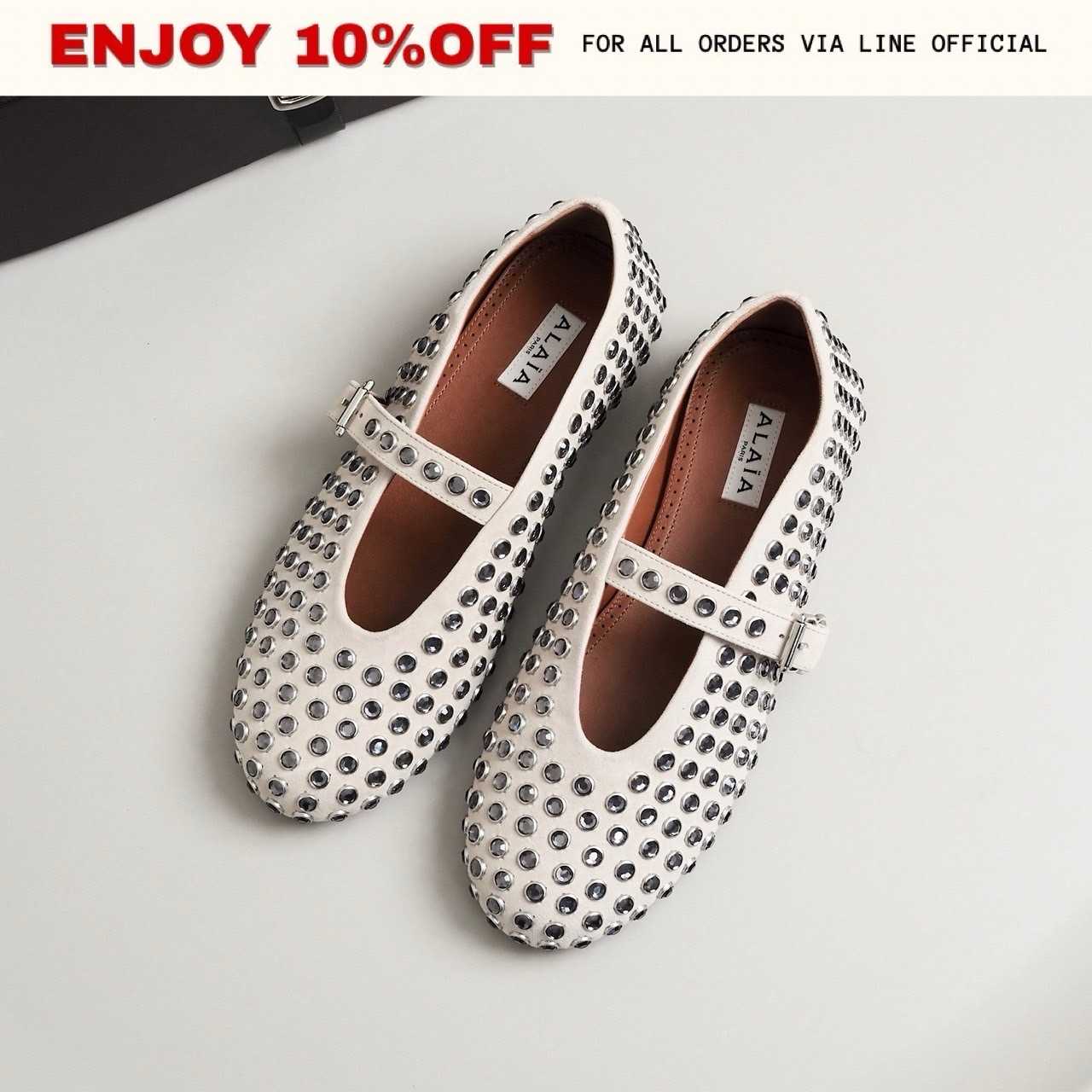 NEW! ALAIA Strass Ballet Flats สี Beige Suede Goatskin | Shoes