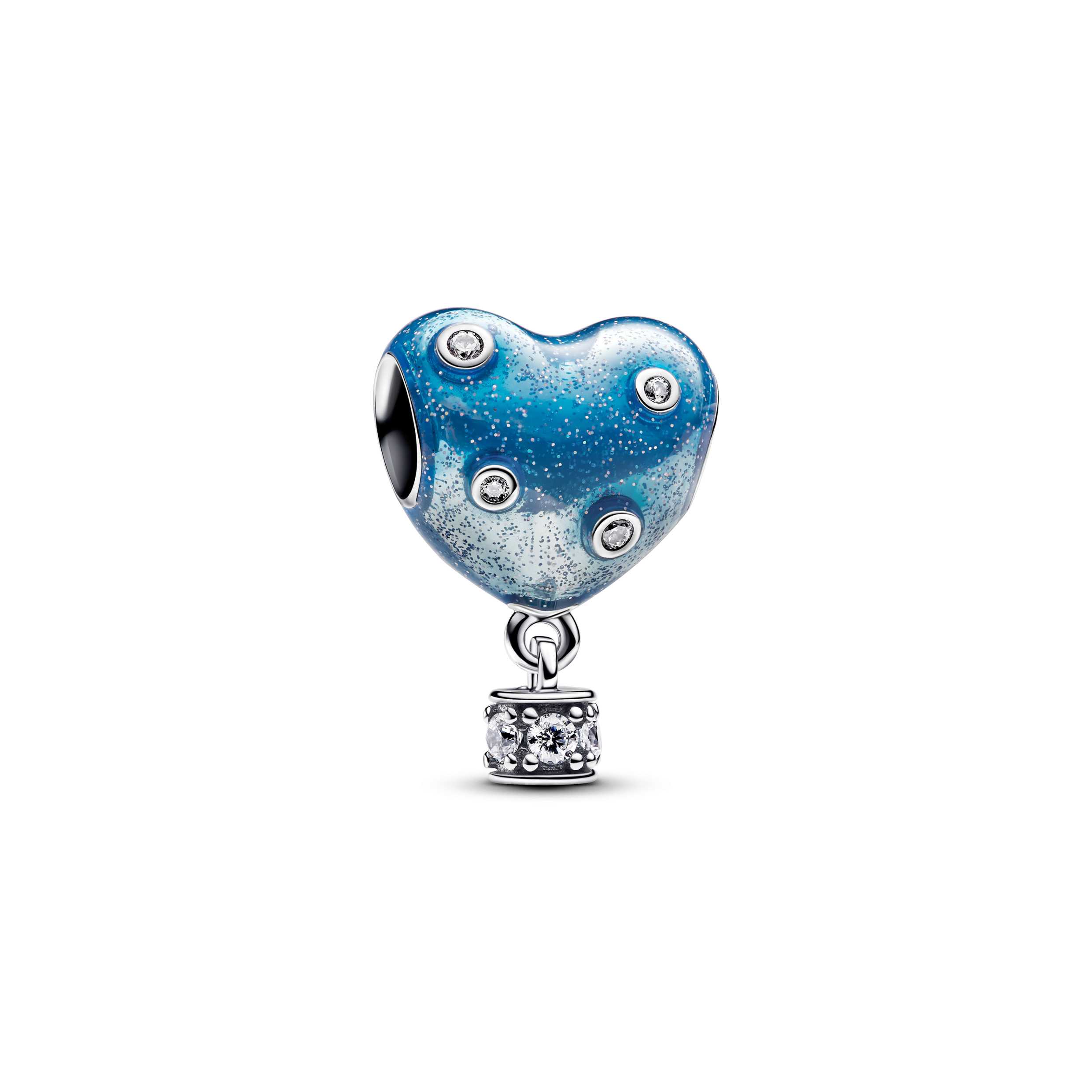 Heart hot air balloon sterling silver charm with clear cubic zirconia and color changing blue enamel