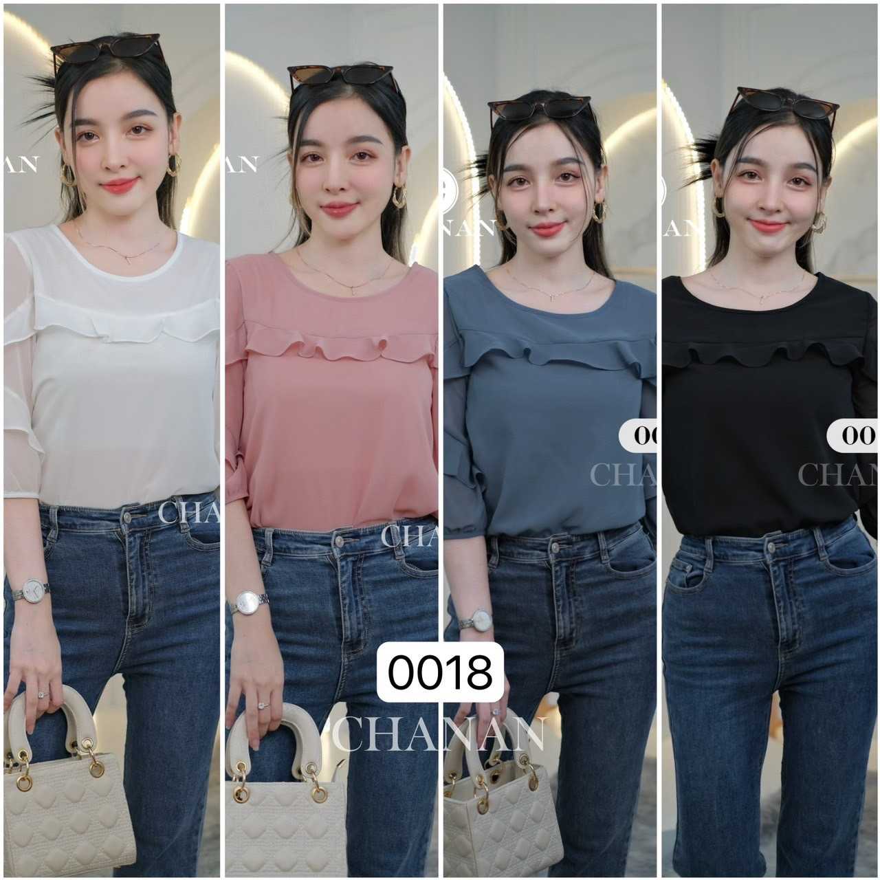 0018 เสื้อชีฟองสีสวย แต่งระบายแขน มีซับใน ผ้านิ่มใส่สบาย มี4สี