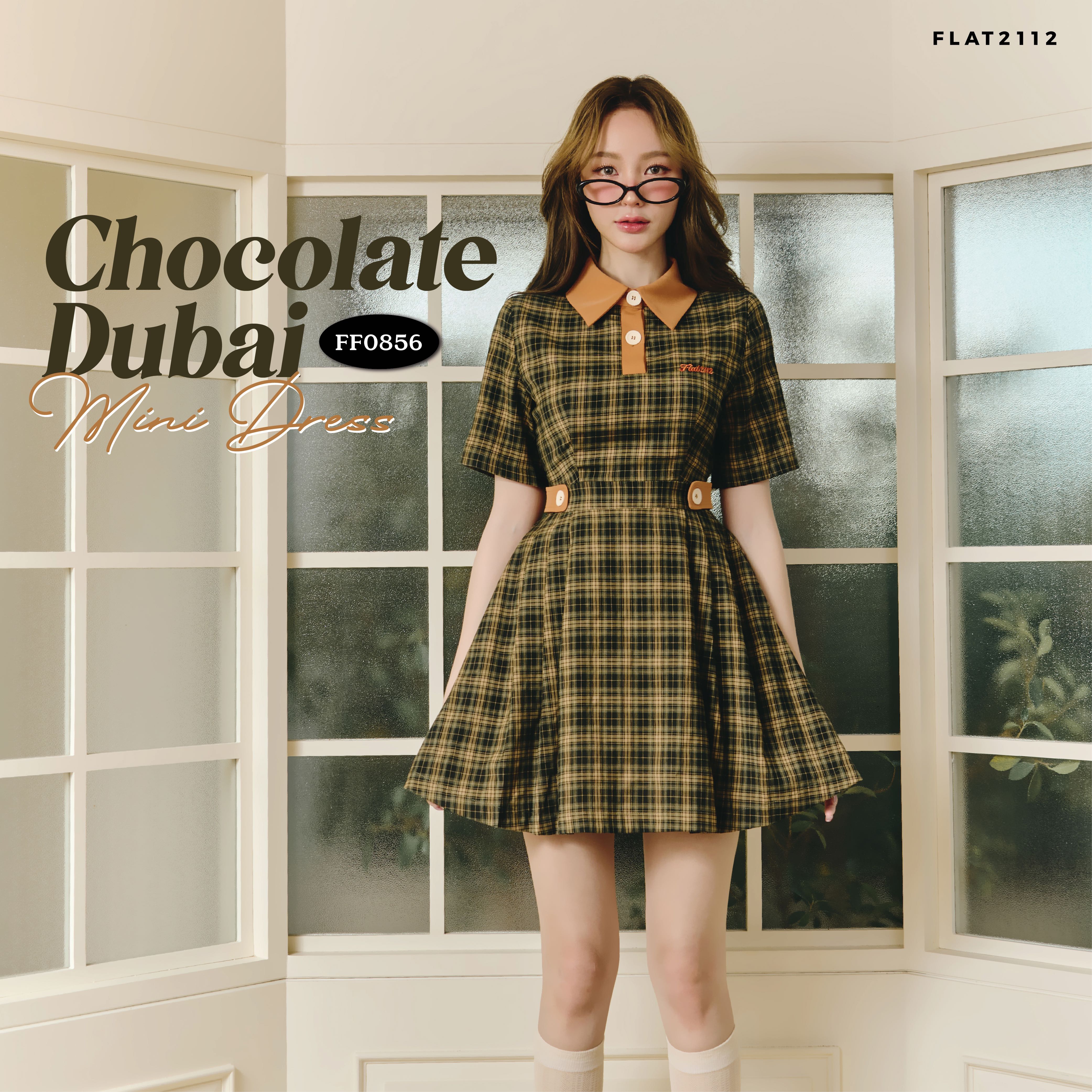 FLAT2112 FF0856 : CHOCOLATE DUBAI MINI DRESS มินิเดรสคอปกแขนสั้นลายสก็อต  กระโปรงพลีท เดรสเข้ารูป