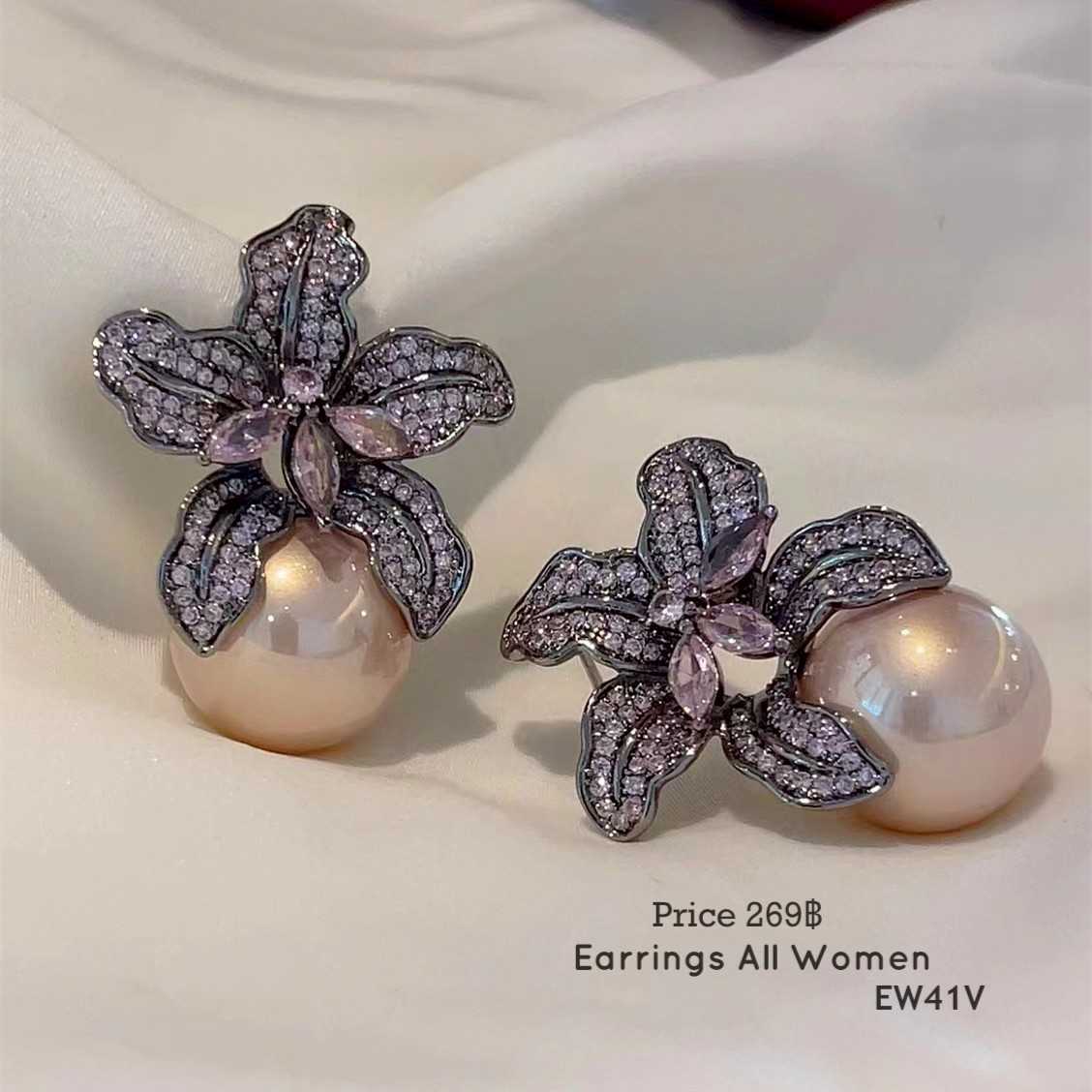 EW41V  ต่างหูดอกกล้วยไม้ มุกชมพู เครื่องประดับผู้หญิง  เงิน 925