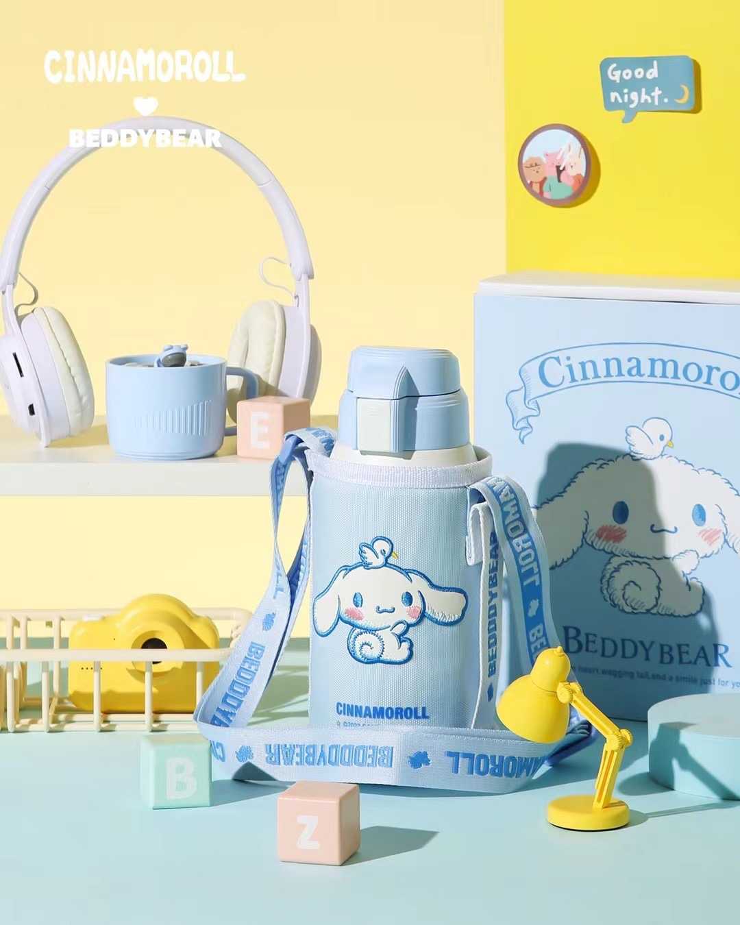 BeddyBearXCinnamoroll กระติกน้ำสูญญากาศสแตนเลส พร้อมกระเป๋าใส่กระติกน้ำมีสายสะพาย BB002-015CR