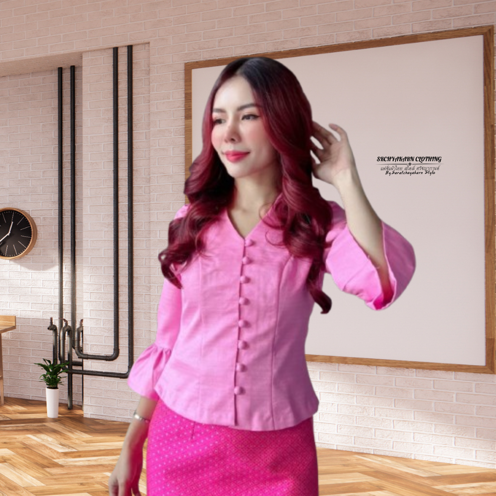 เสื้อไหมลาว แขนระบาย คอวี ใส่แมชกับผ้าถุงไปงานบวช งานบุญ สวยมาก
