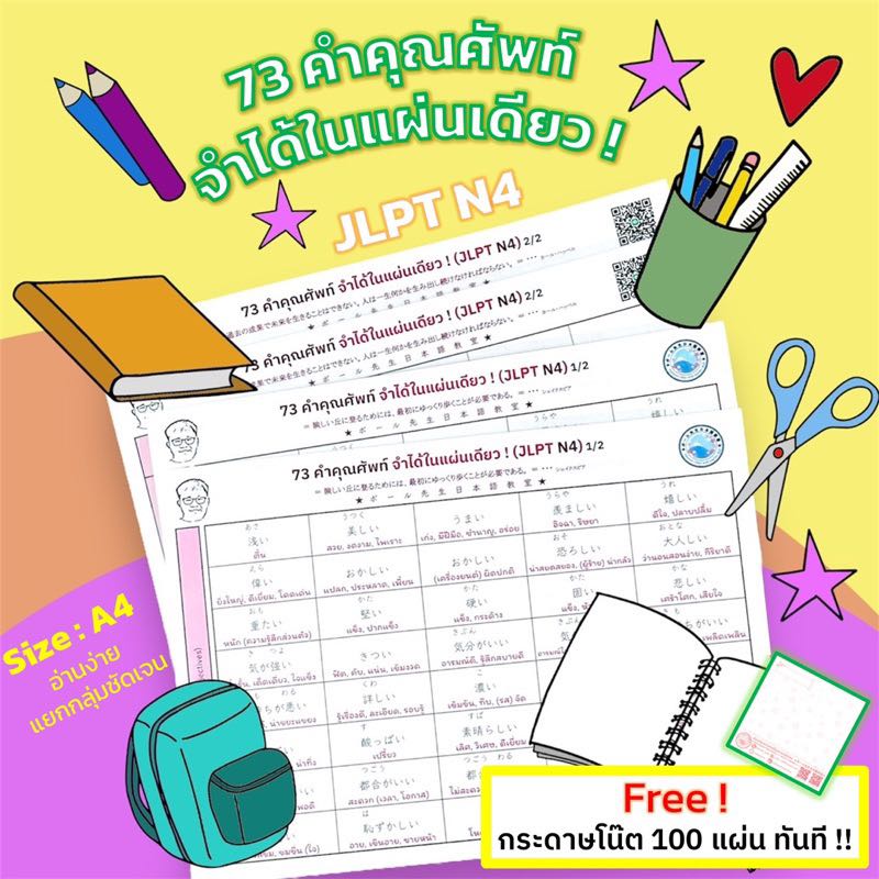 JLPT N4 73 คำคุณศัพท์ภาษาญี่ปุ่น จำได้ในแผ่นเดียว ! ขนาด A4 (พร้อมเคลือบ) ฟรี ! กระดาษโน๊ต