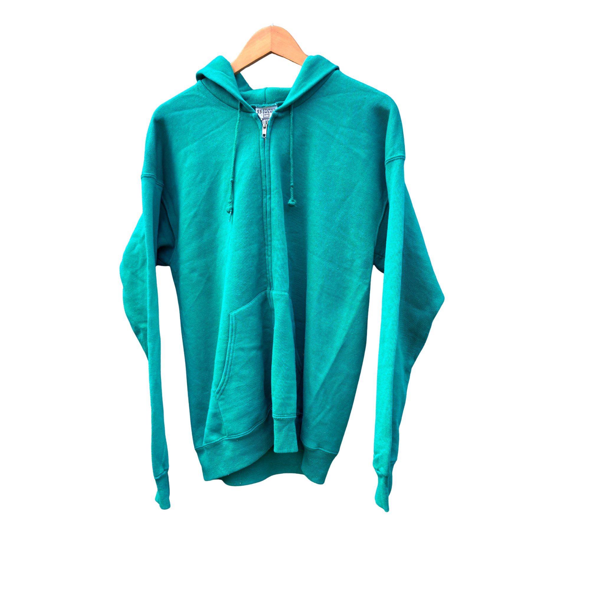Vintage 90s Lee Zip Up Hoodie Green Heavyweight Blank Sweatshirt, USA Made 
