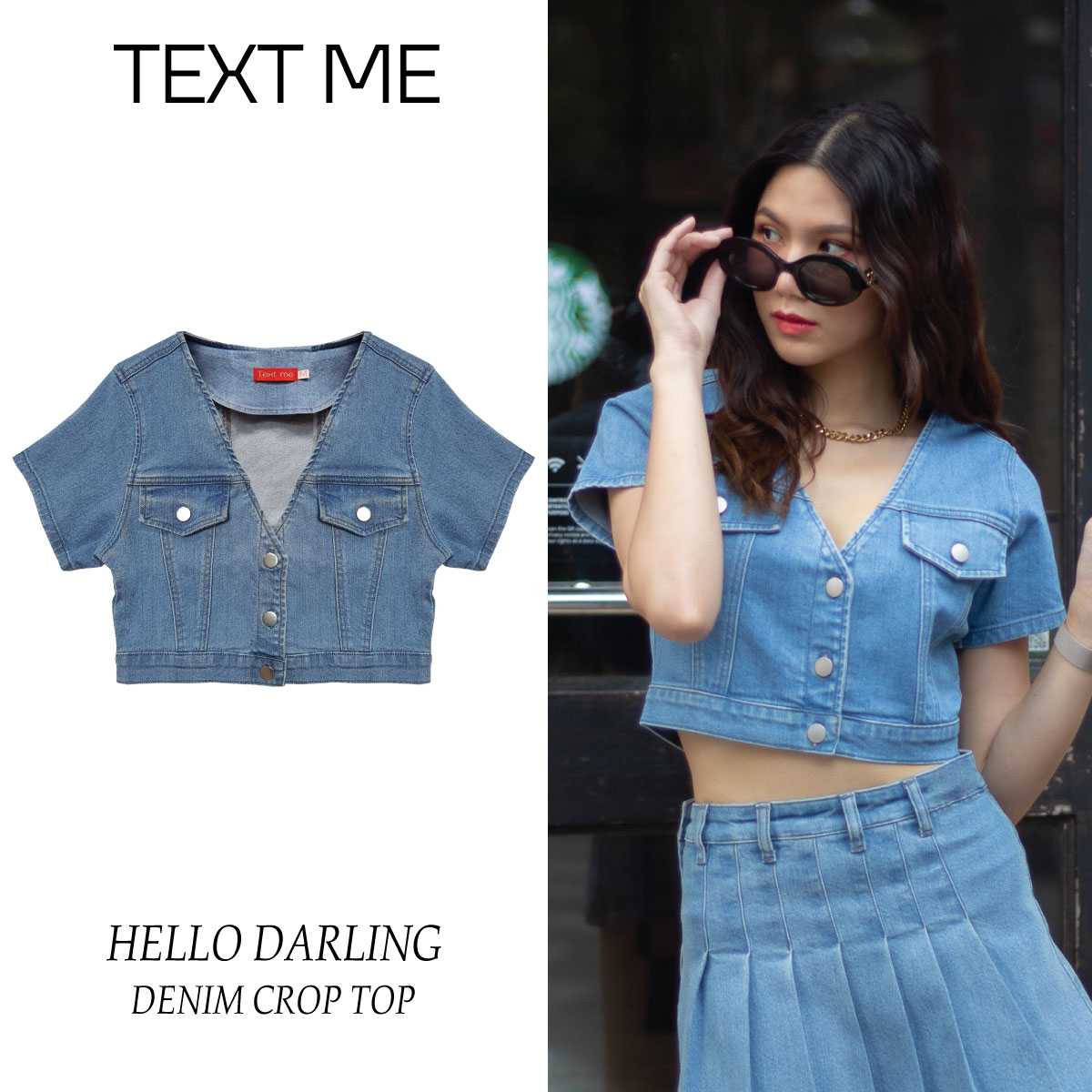 TEXT ME เสื้อครอป รุ่น Hello, darling  Denim Crop Top สี Navy baby  blue  TMT002